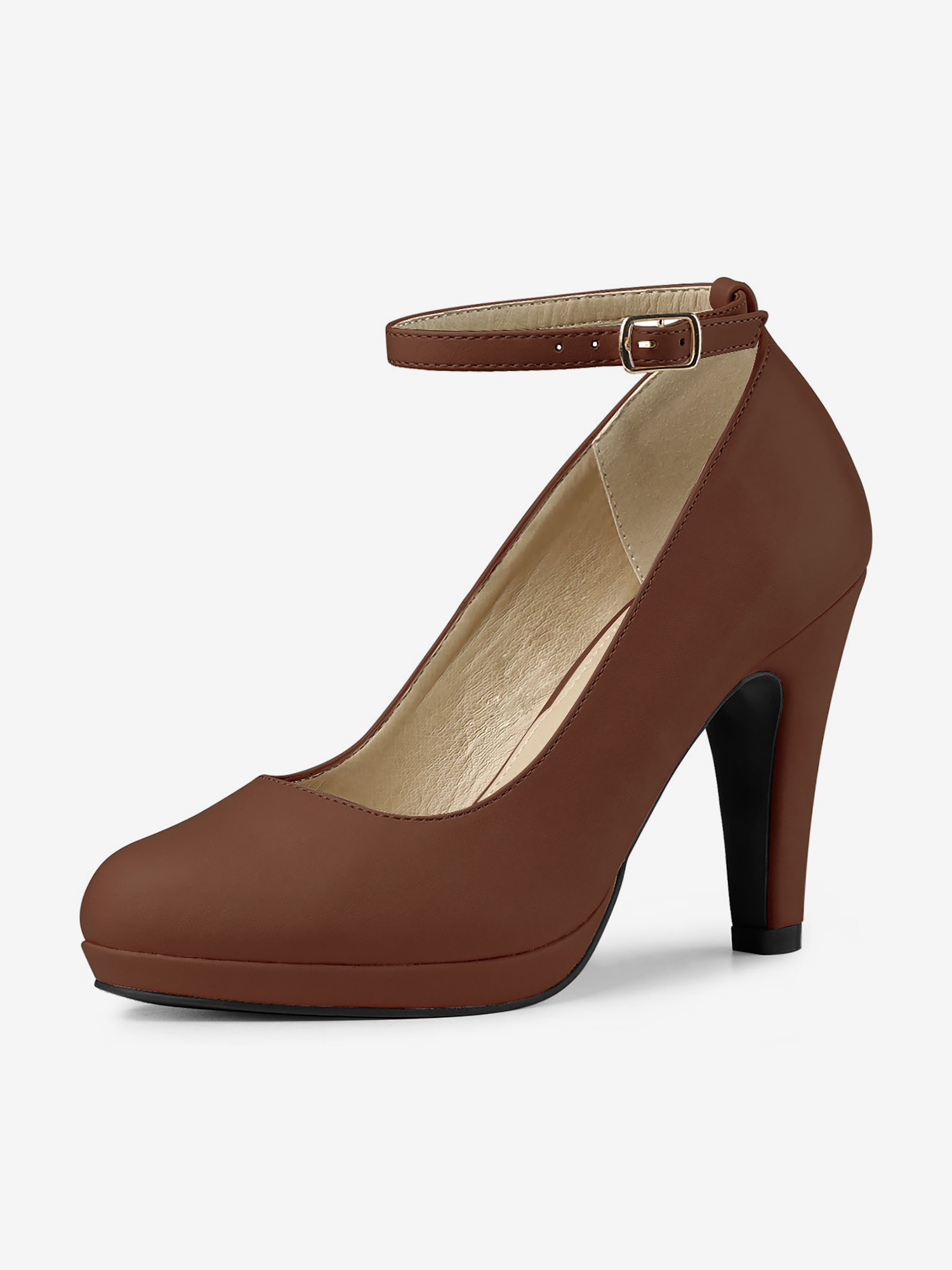 Round Toe Stiletto Heel Ankle Strap PU Leather Pumps Dark Brown/9.5