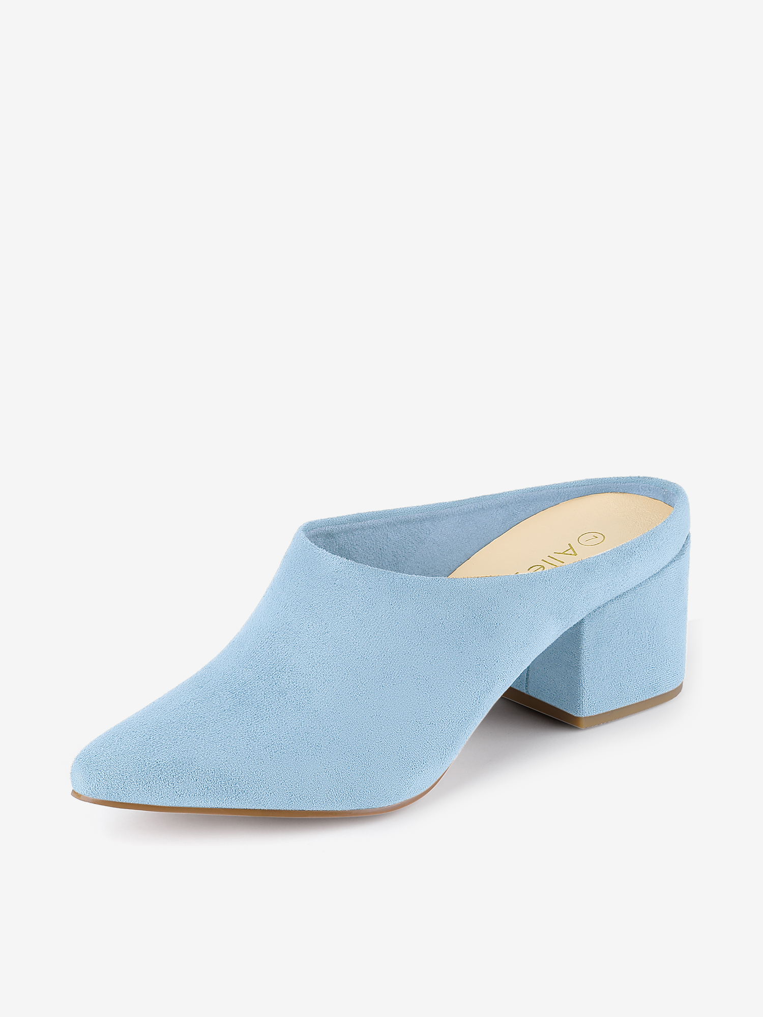 Faux Suede Pointed Toe Slip On Block Heel Slide Mules Sky Blue/6.5