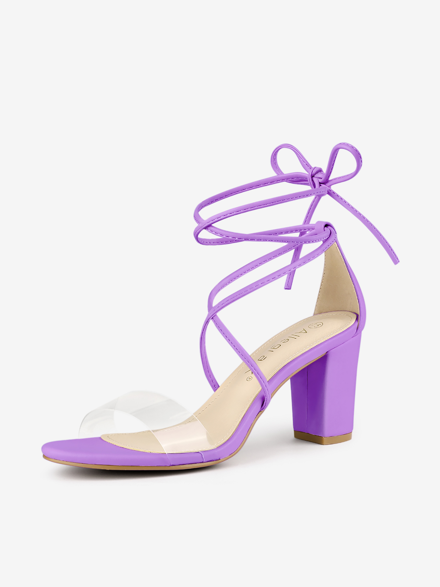 Open Toe Lace Up Clear Strap Block Heel Sandals Lavender/10