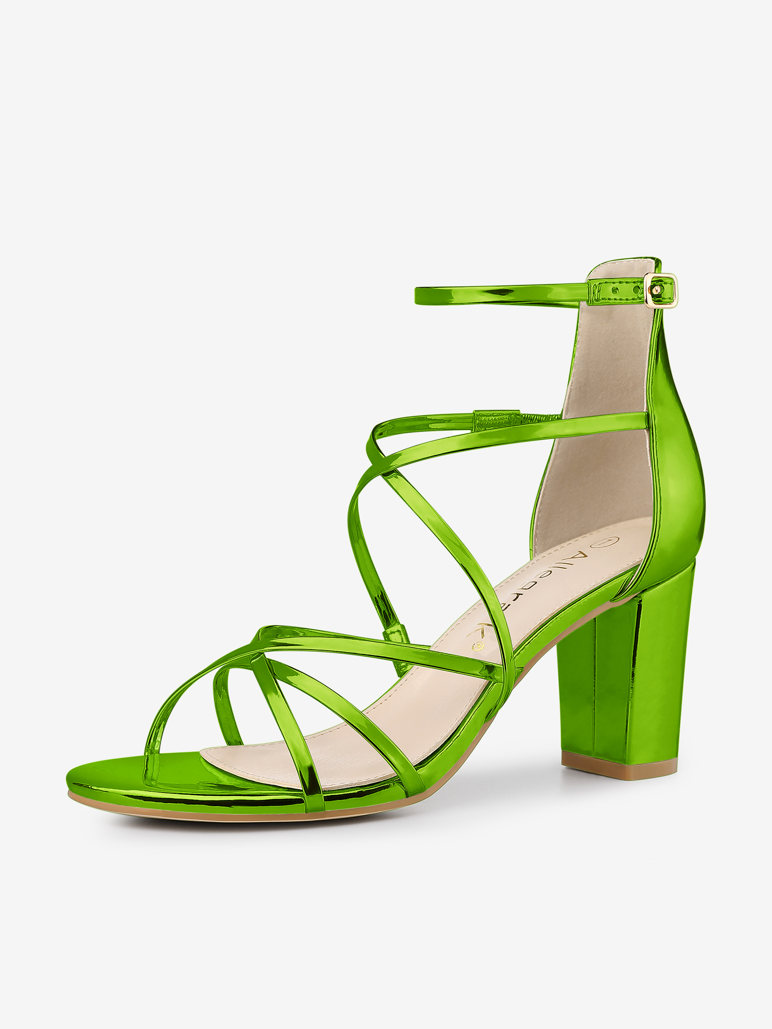 Strappy Crisscross Strap Opened Toe Block Heel Sandals Patent Green/7.5