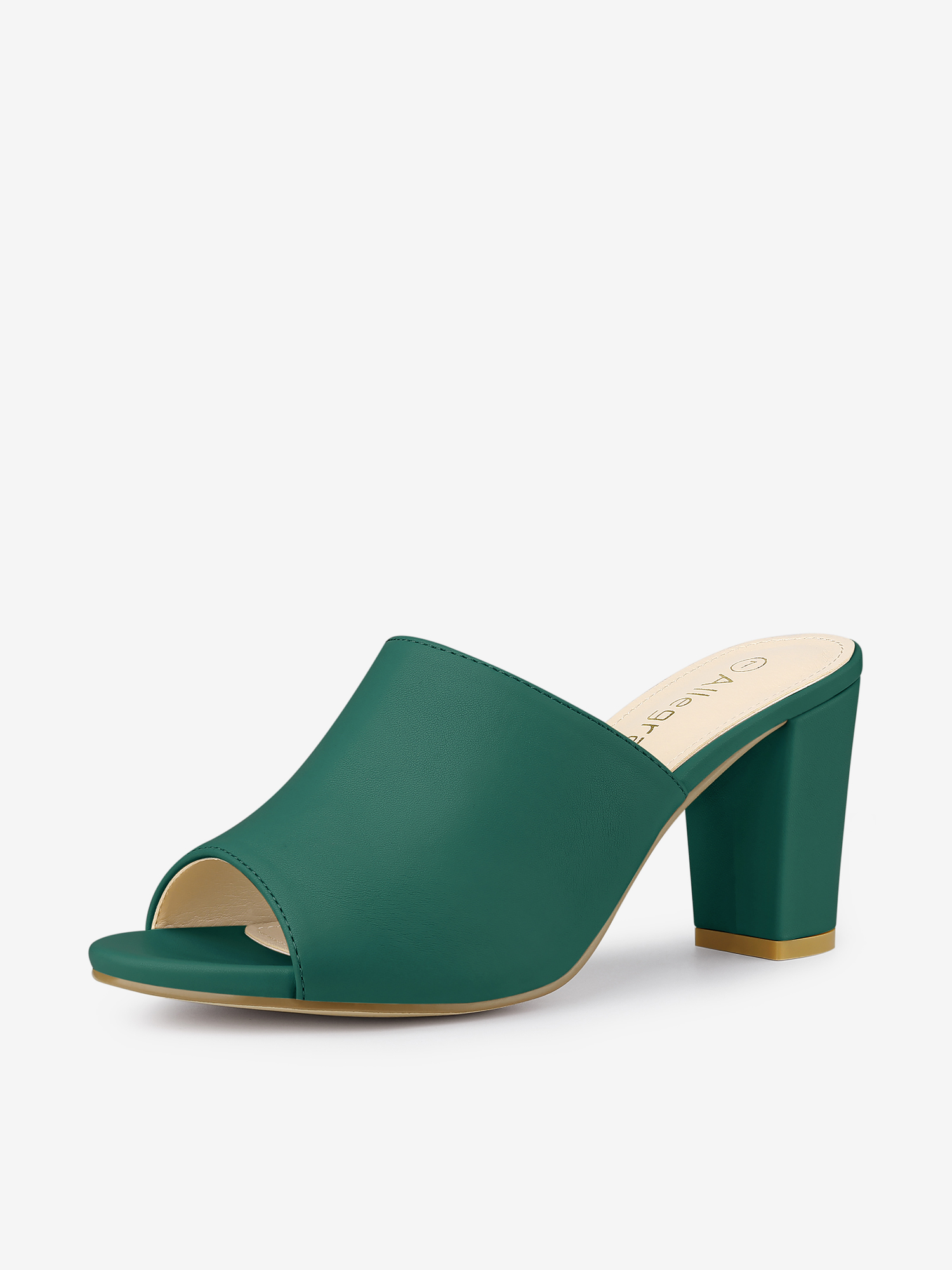 Faux Leather Slip On Mid Block Heel Slide Sandals Green/7