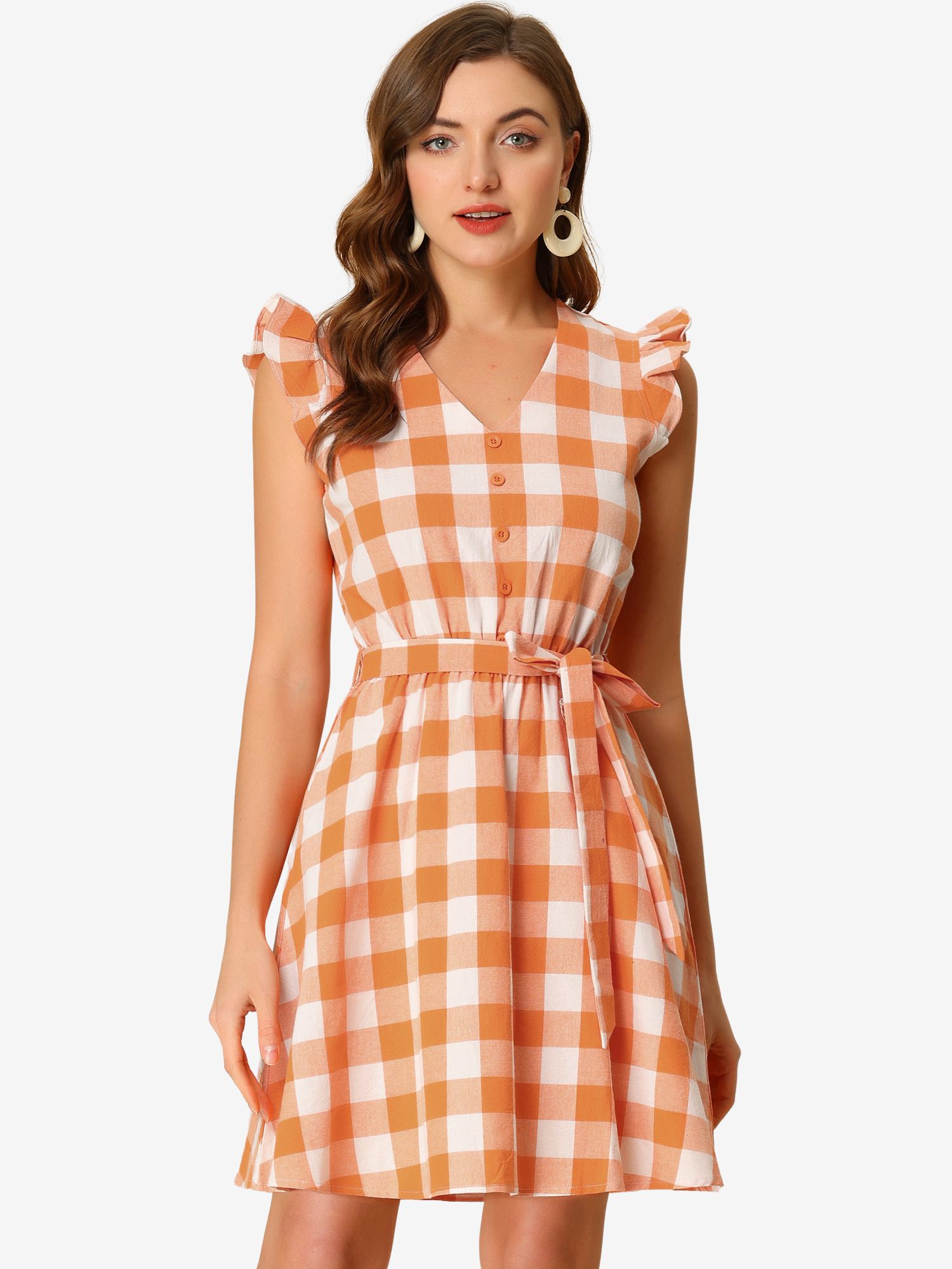 Casual Plaids Ruffled Sleeve A-Line Gingham Check Dress Orange/XS