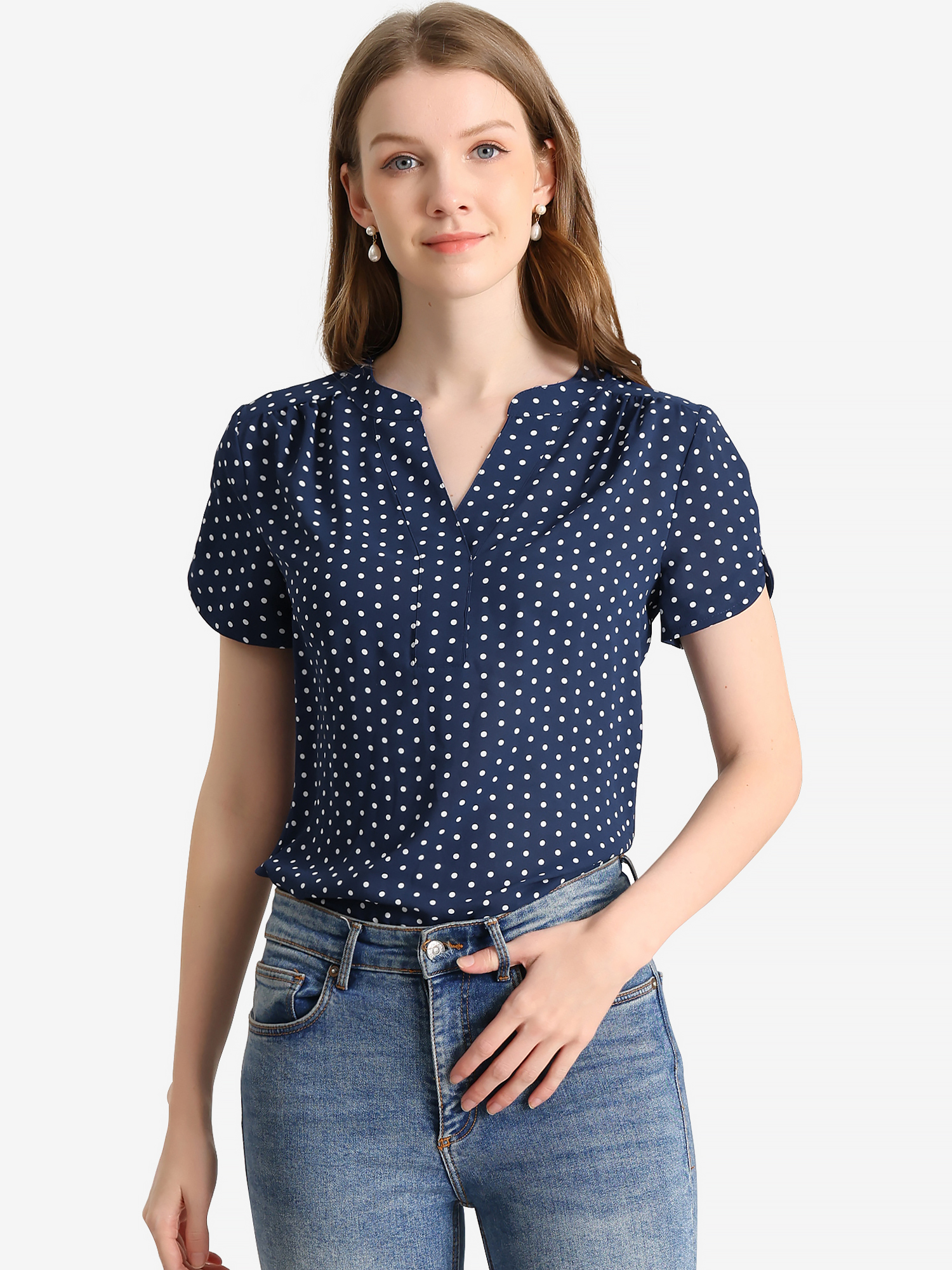 Polka Dots Print V Neck Short Sleeve Elegant Work Office Tops Navy Blue/M
