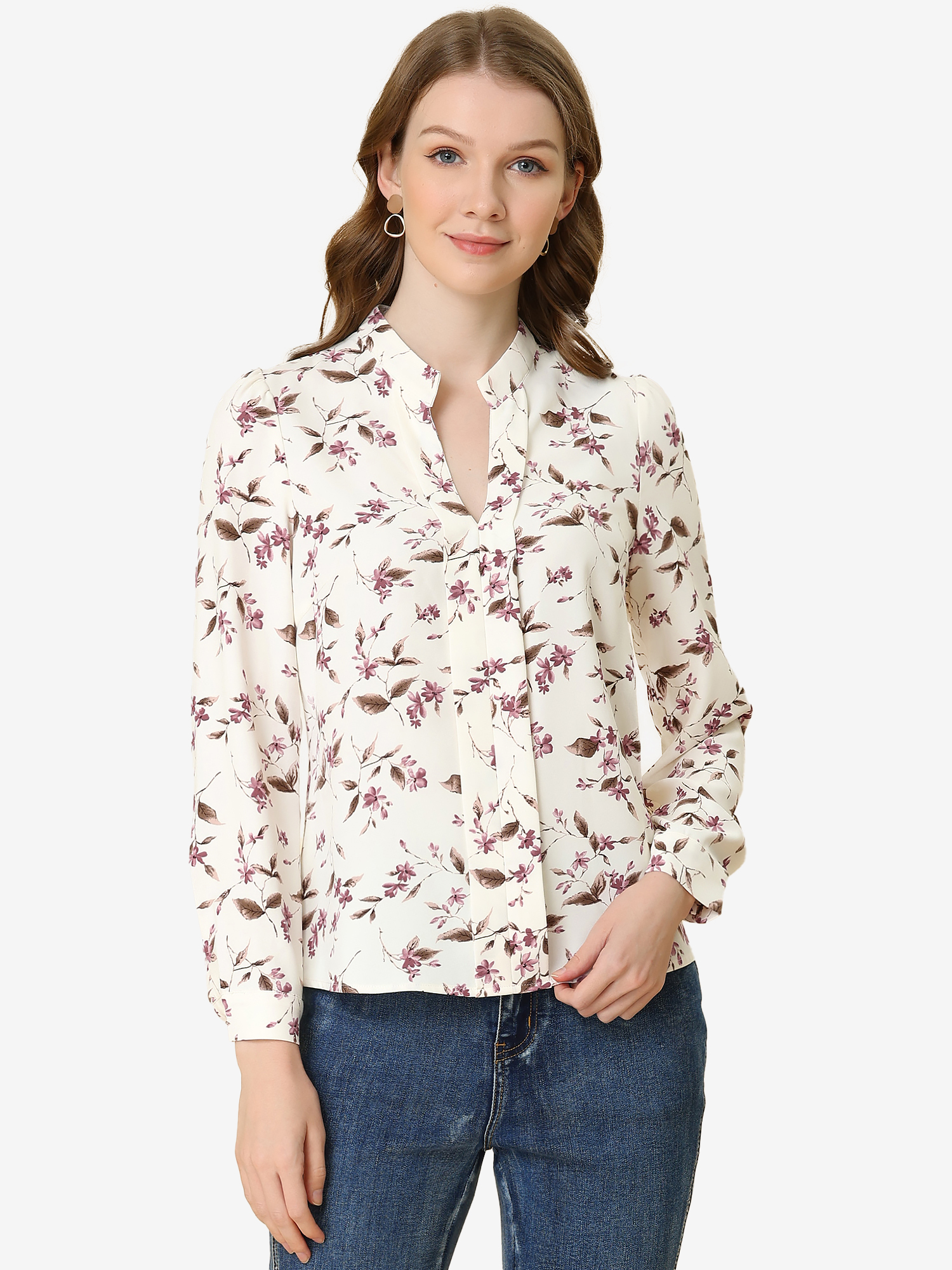 Floral Print Split V Neck Office Long Sleeve Blouse Shirt Beige/L