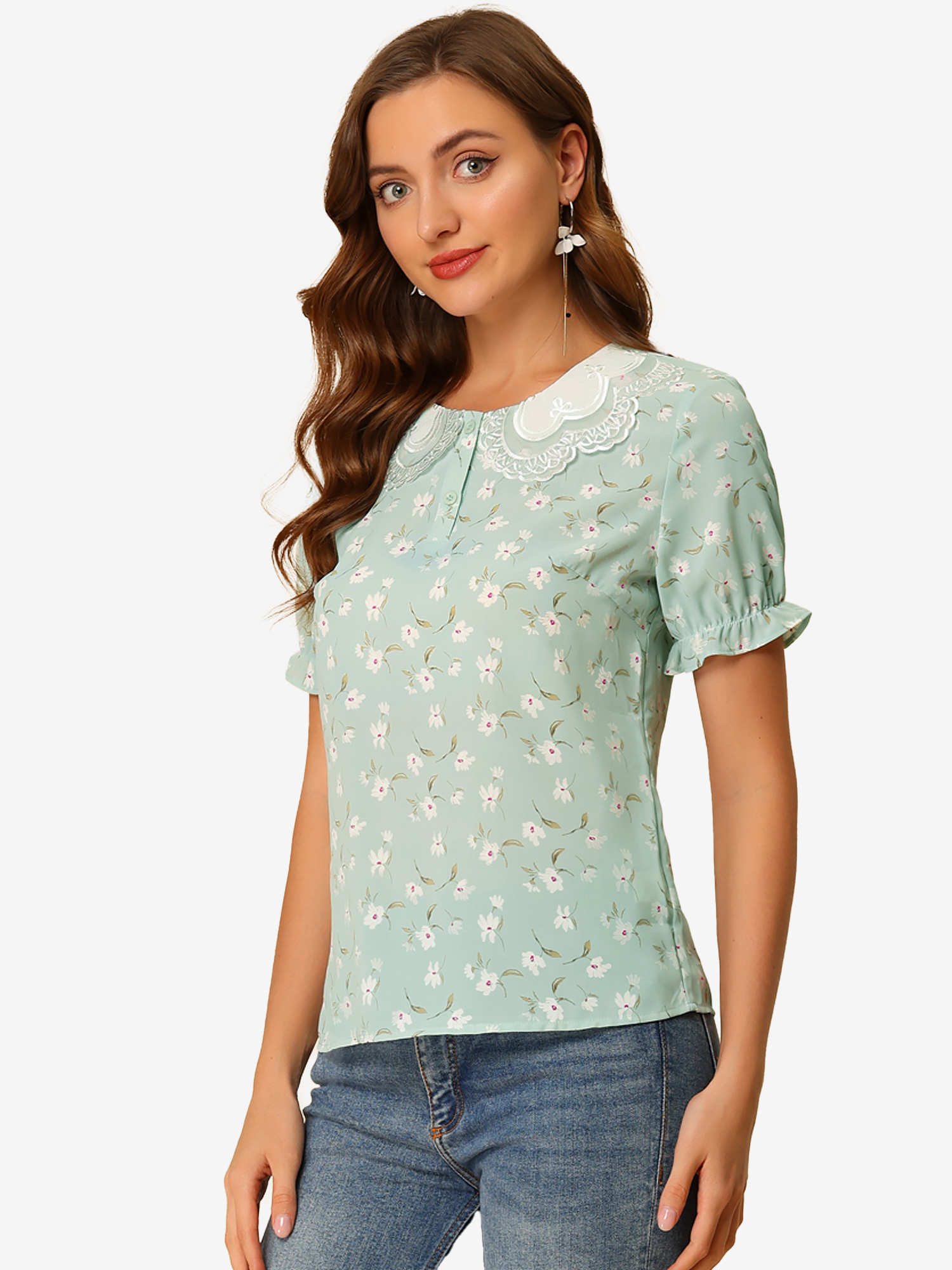 Floral Vintage Ruffled Short Sleeve Peter Pan Blouse Green/M