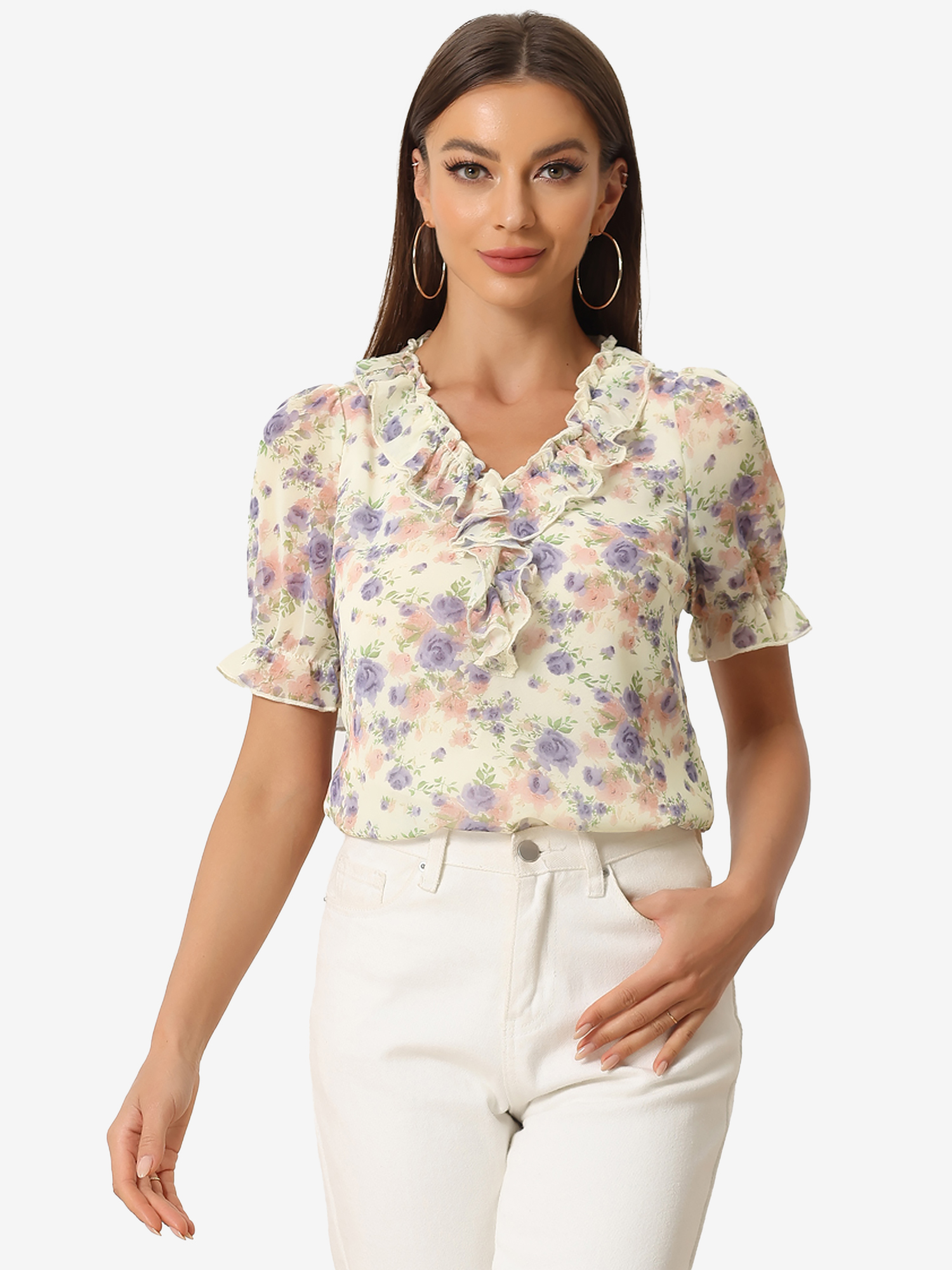 Floral Blouse Ruffle V Neck Puff Short Sleeve Top Beige/L