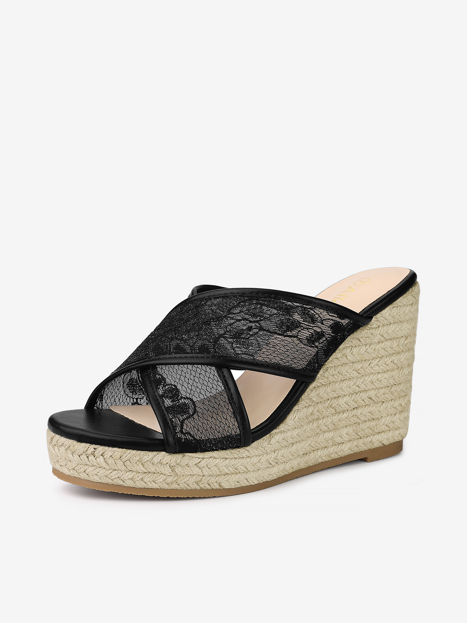 Lace Crisscross Strap Slide Wedge Espadrilles Sandals Black/9