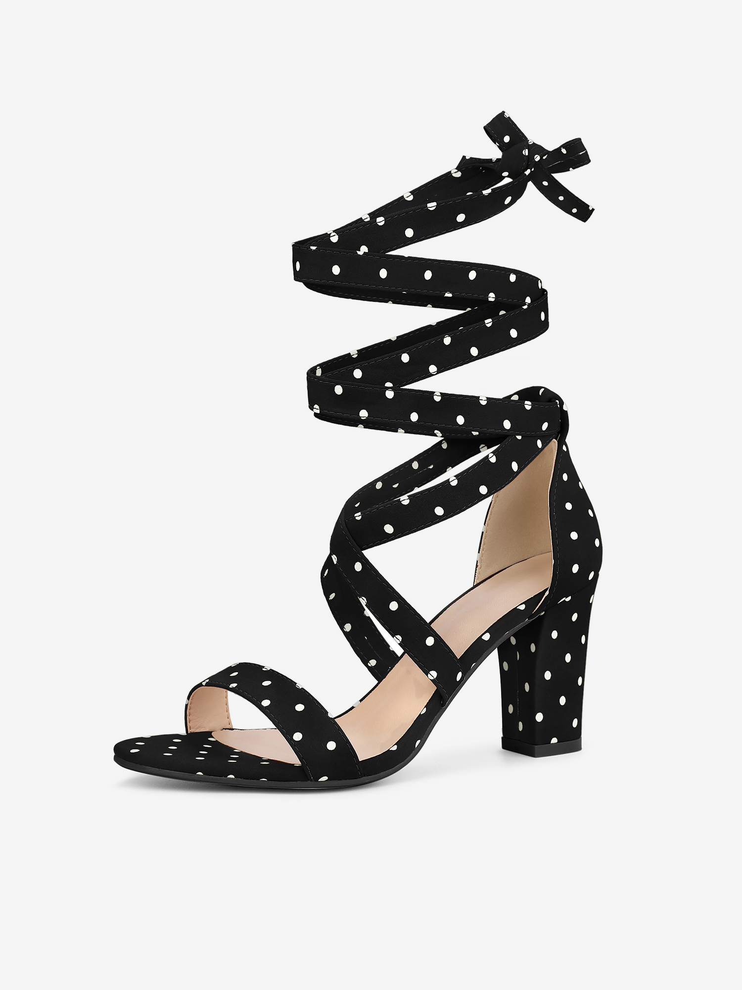 Elegant Polka Dot Strappy Lace Up Chunky Heel Sandals Black/7
