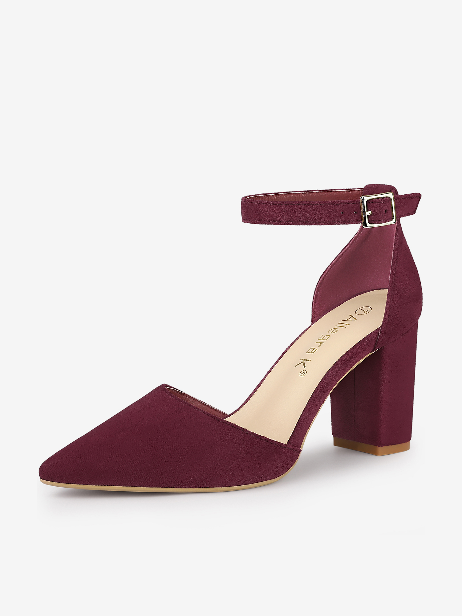 Ankle Strap Pointed Toe Block Heel Pumps Burgundy/9