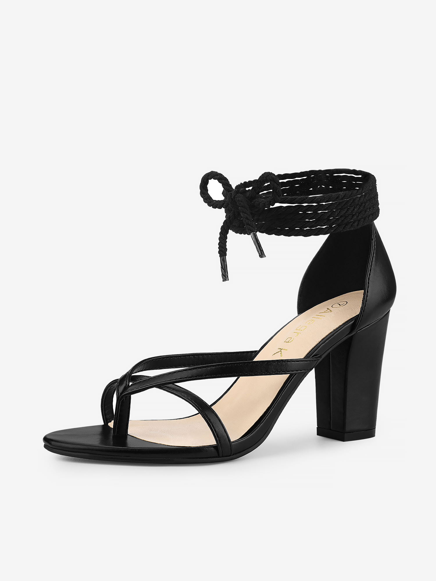 Open Toe Flip Flops Chunky Heel Lace Up Sandals Black/7.5