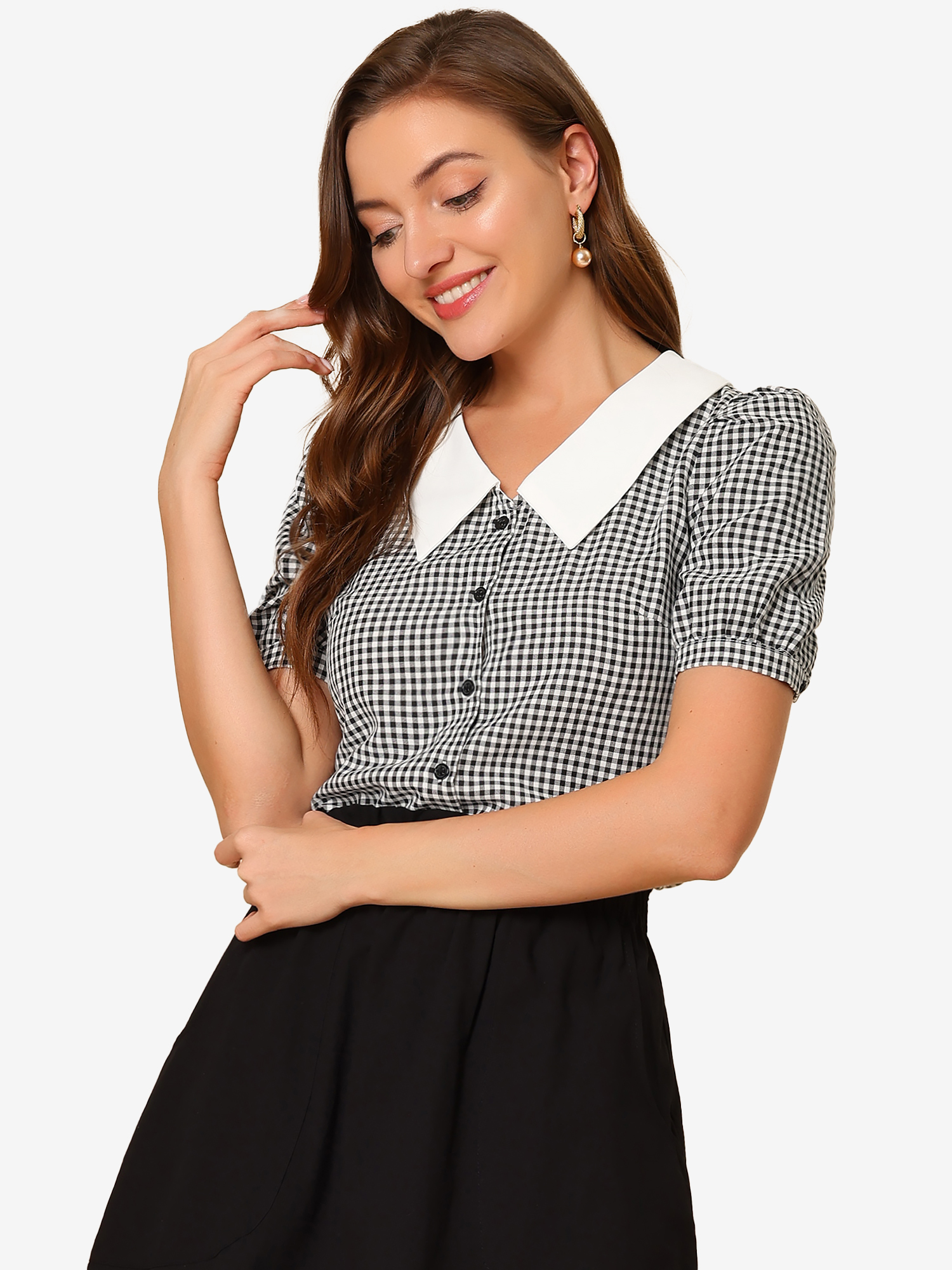 Plaid Puff Sleeve Blouse Contrast Collar Button Down Shirt Tops Black/XS