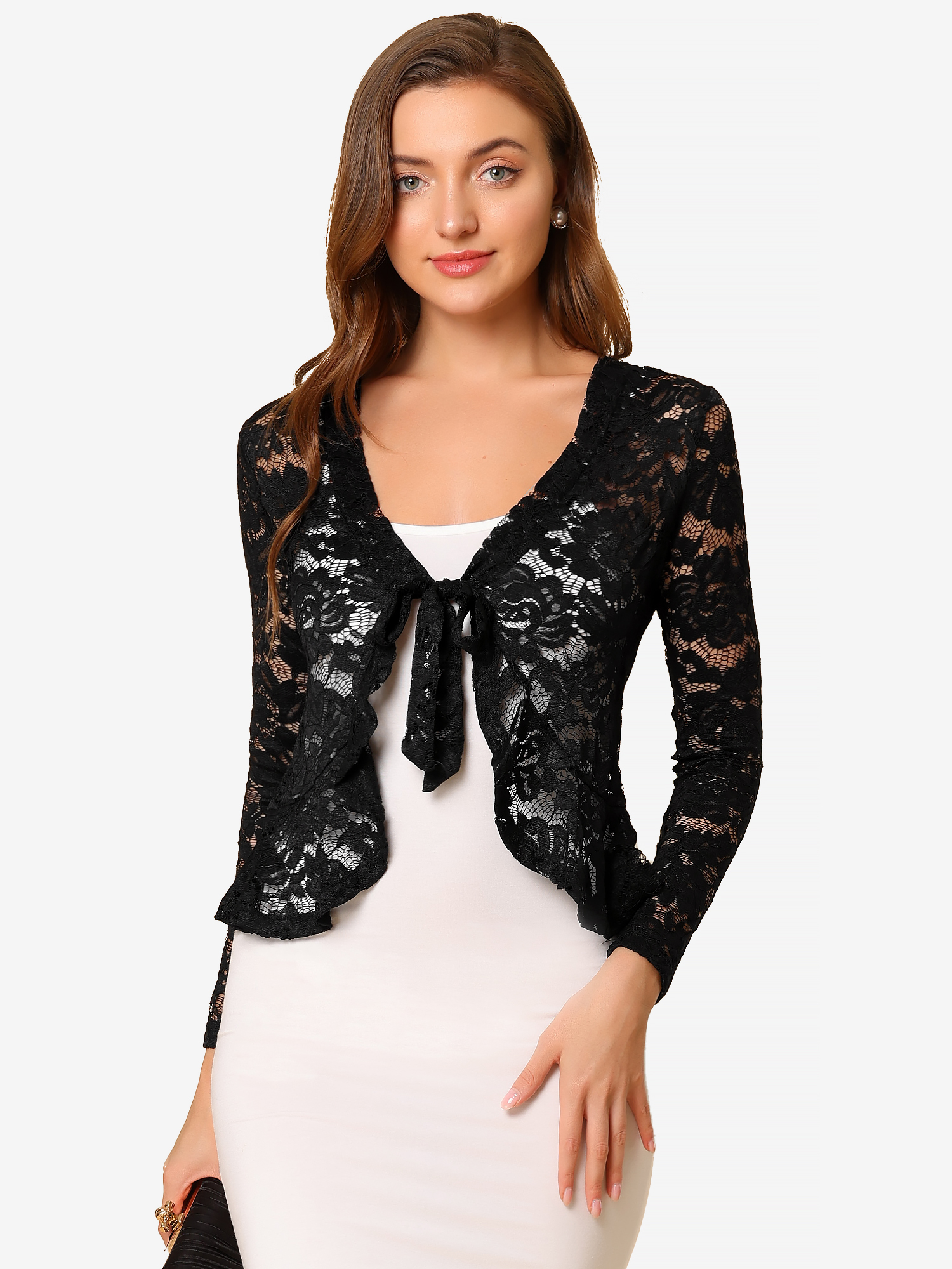 Floral Lace Tie Front Ruffled Hem Sheer Crop Bolero Shrug Black/XL