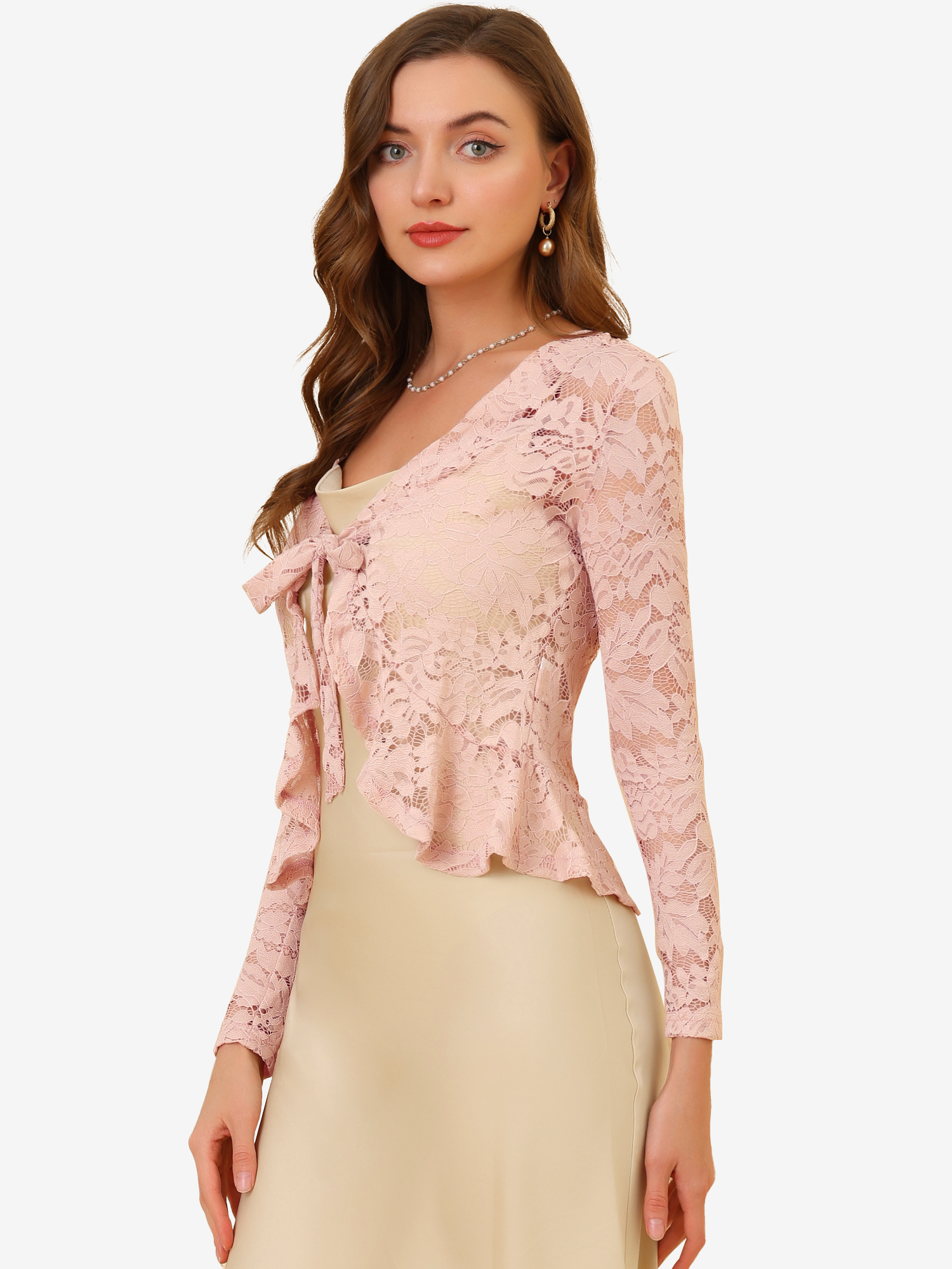 Floral Lace Tie Front Ruffled Hem Sheer Crop Bolero Shrug Pink/S