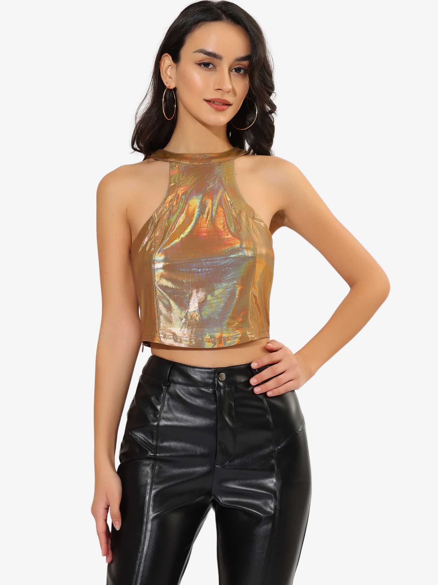 Holographic Party Sparkle Halter Neck Stretch Crop Tank Top Gold/XL