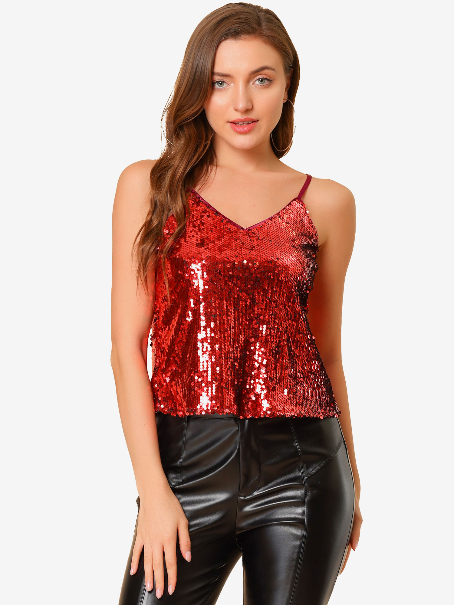 Sequined Camisole Club Party Glitter Disco Sparkle Cami Top Red/L