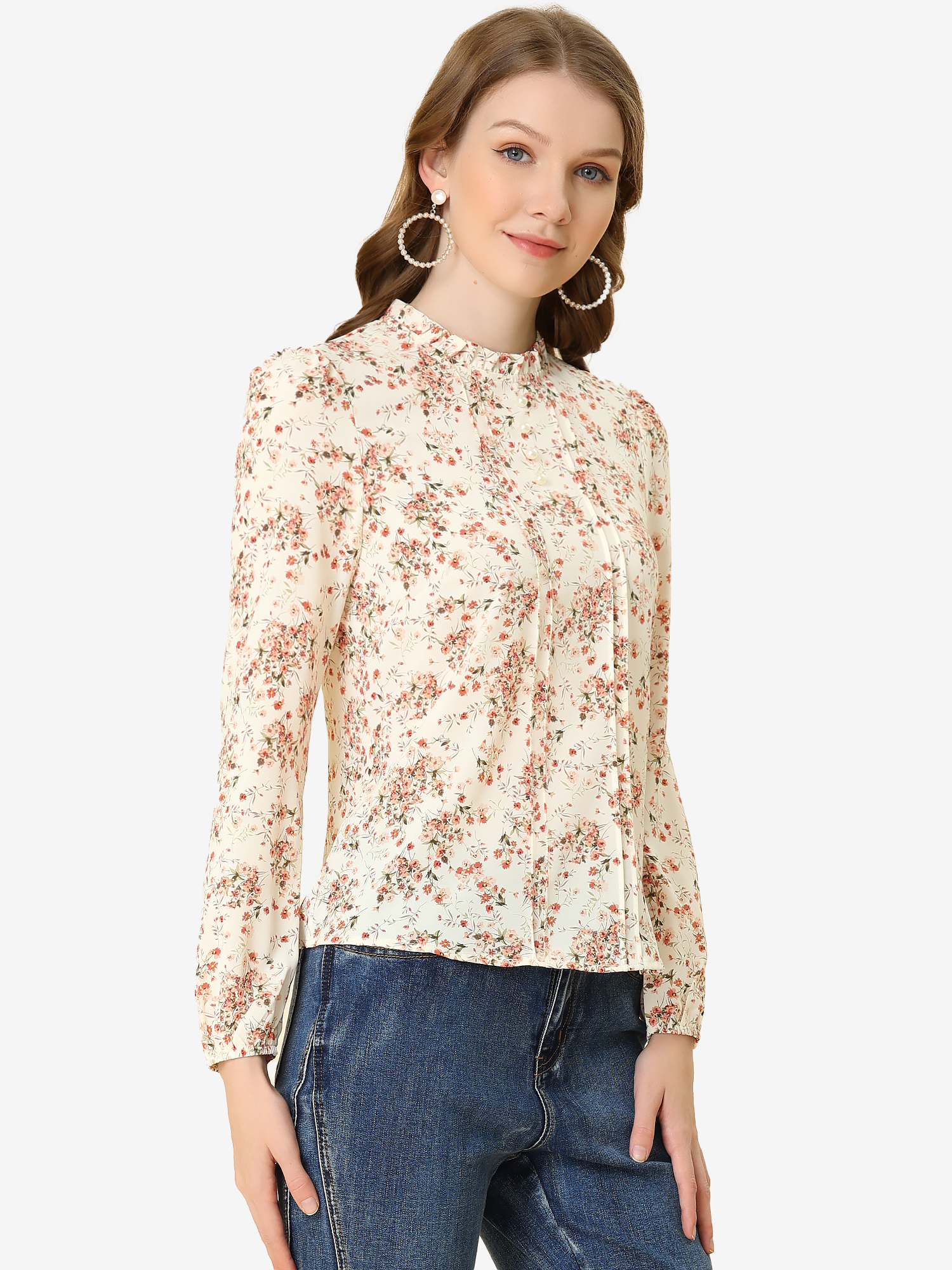 Floral Print Flounce Mock Neck Long Sleeve Work Blouse White Orange/XL