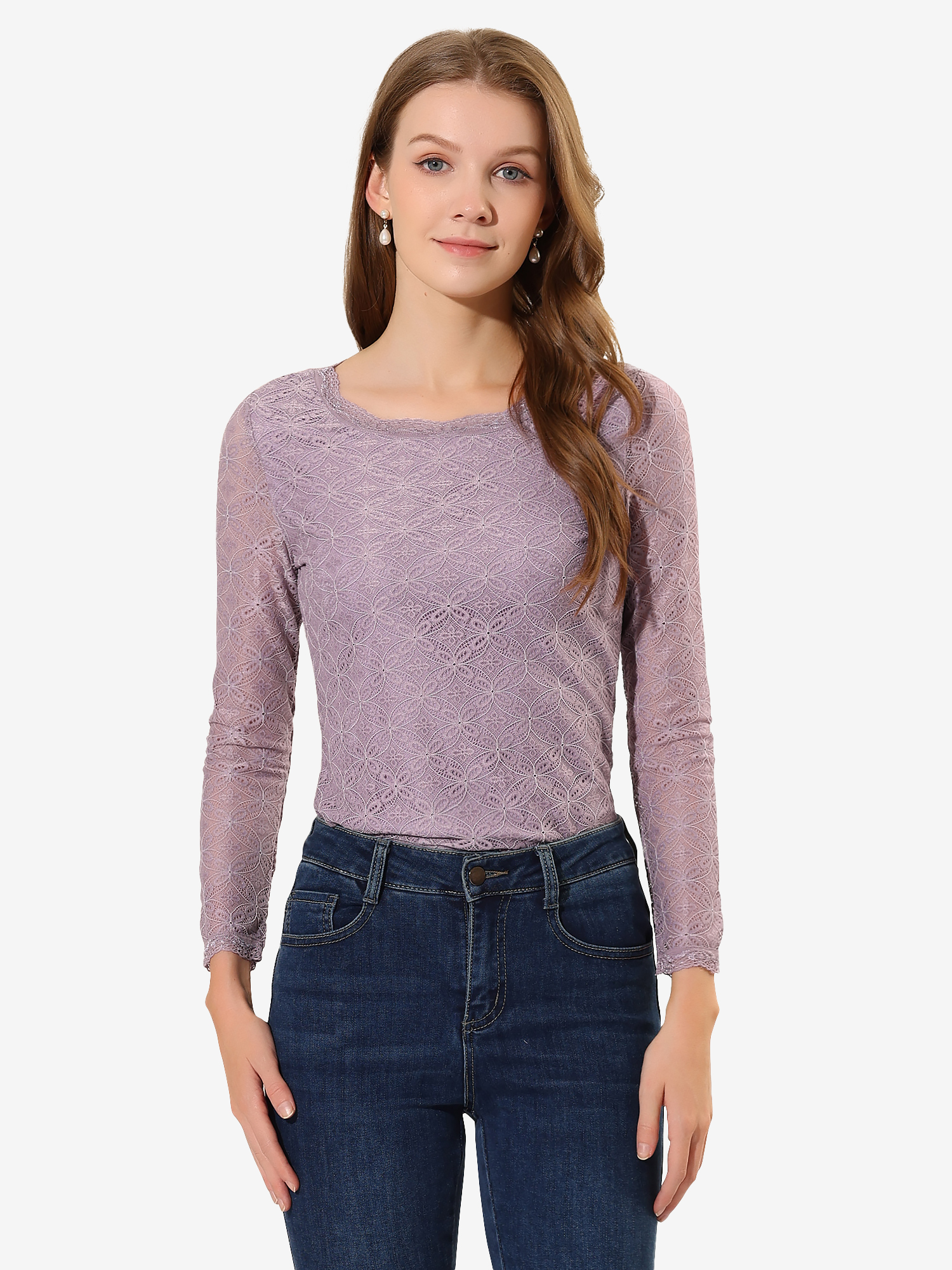 Crew Neck Sheer Long Sleeve Flower Embroidery Lace Blouse Purple/XL