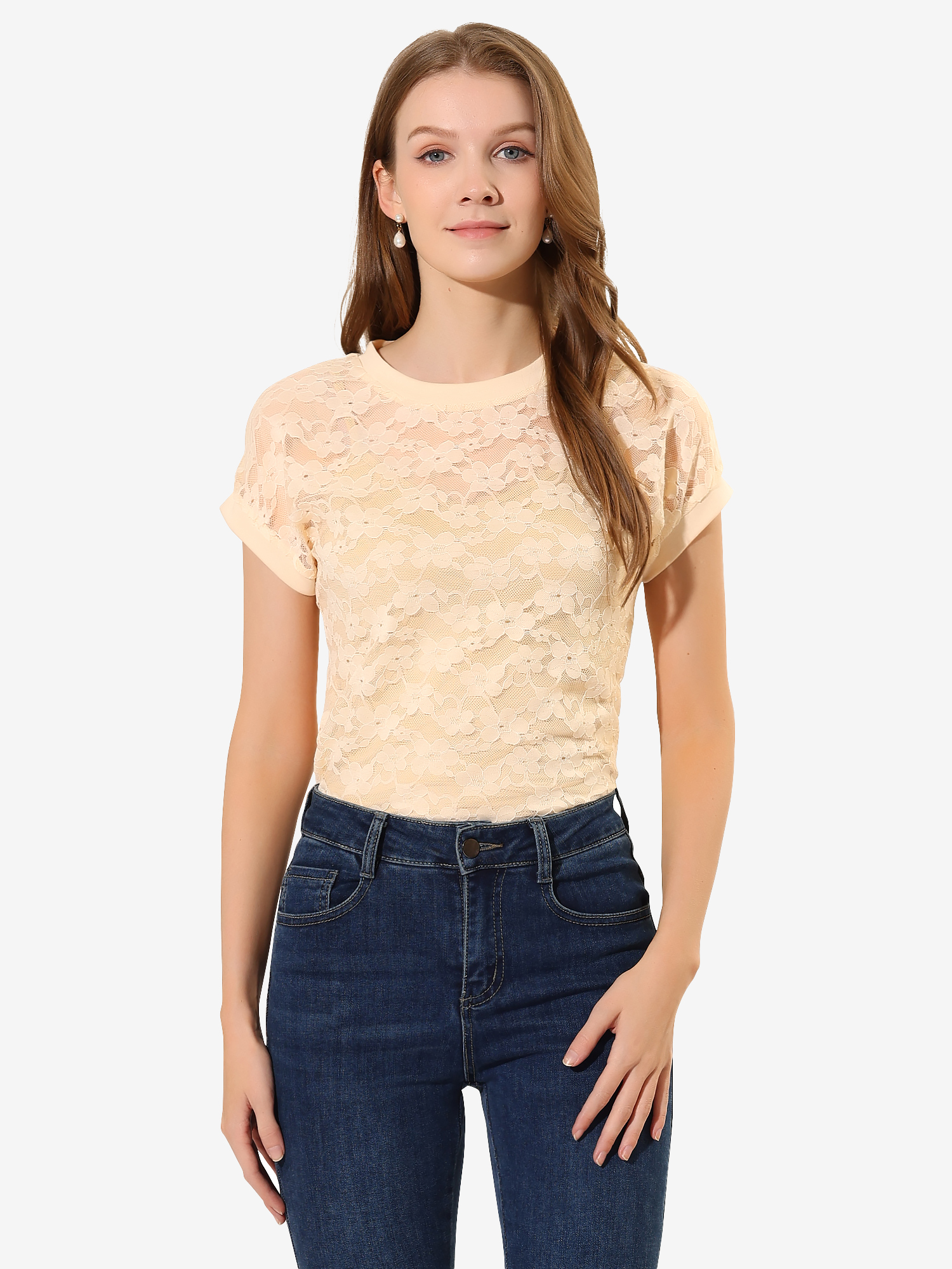 Lace Floral Curved Hem Short Sleeve See Through Blouse Apricot/XS