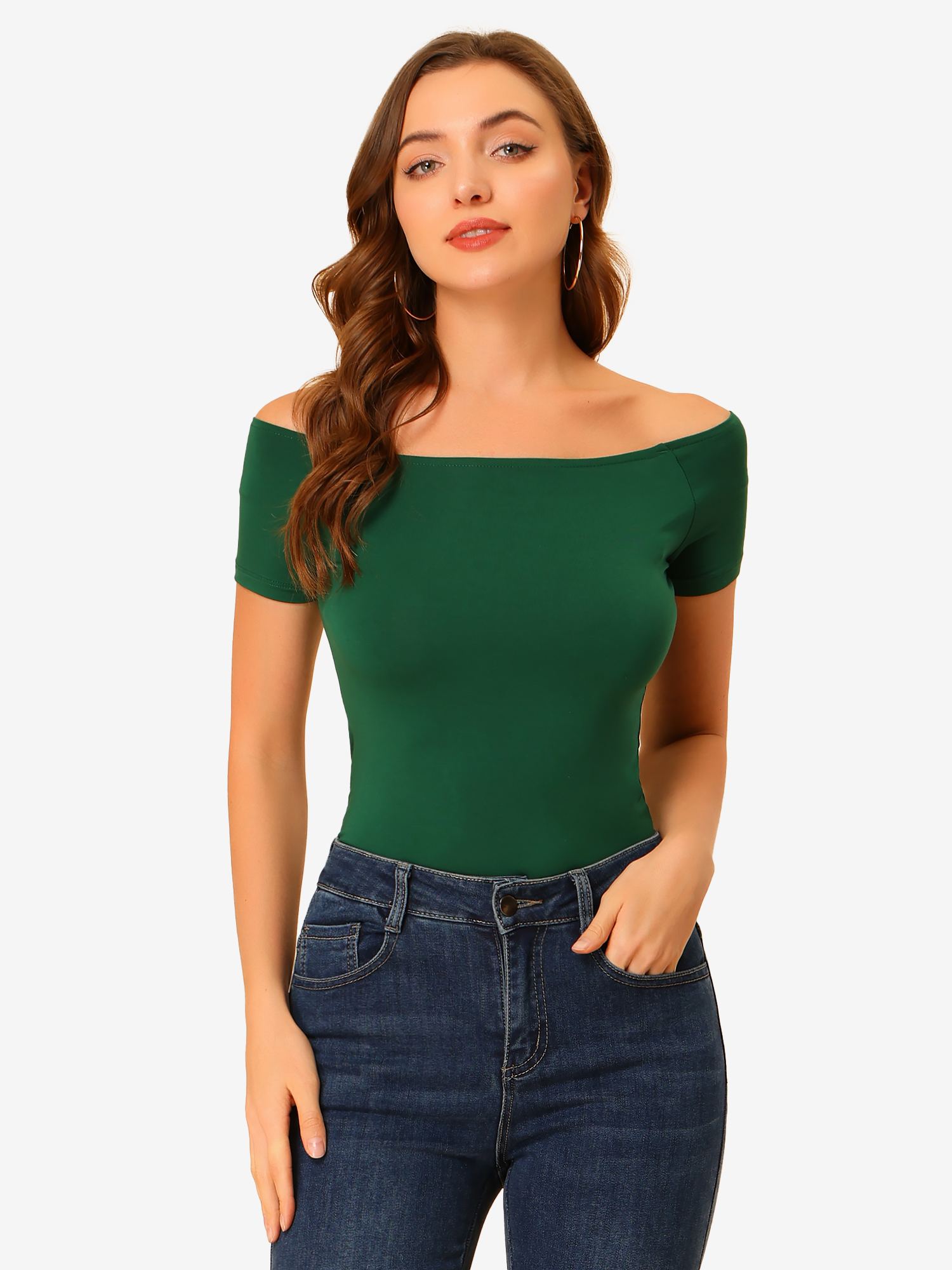 Off Shoulder Short Sleeve Solid Basic Sexy Slim Fit Blouse Dark Green/M