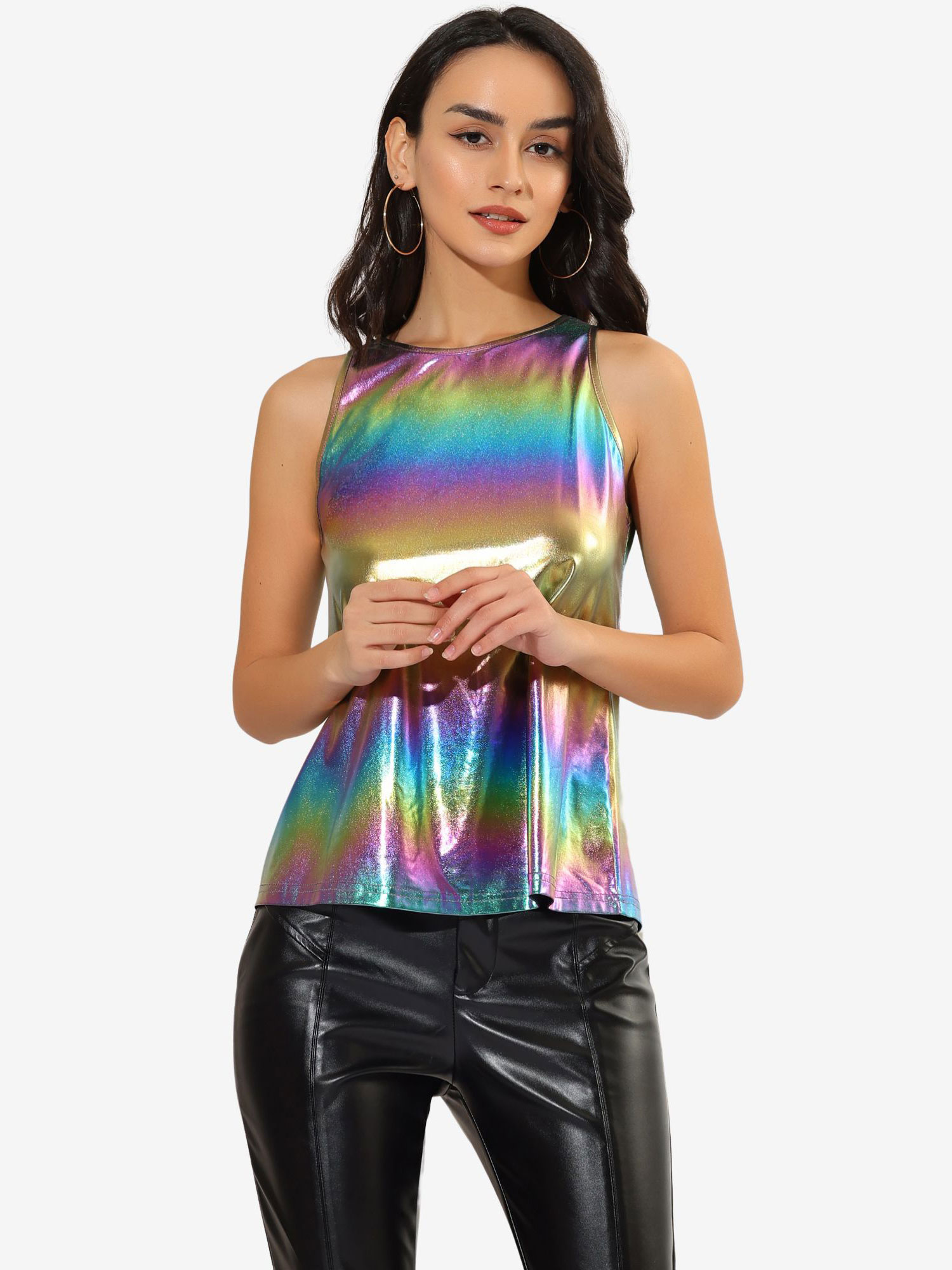 Shiny Sleeveless Camisole Club Shimmer Metallic Tank Top Multi/XL