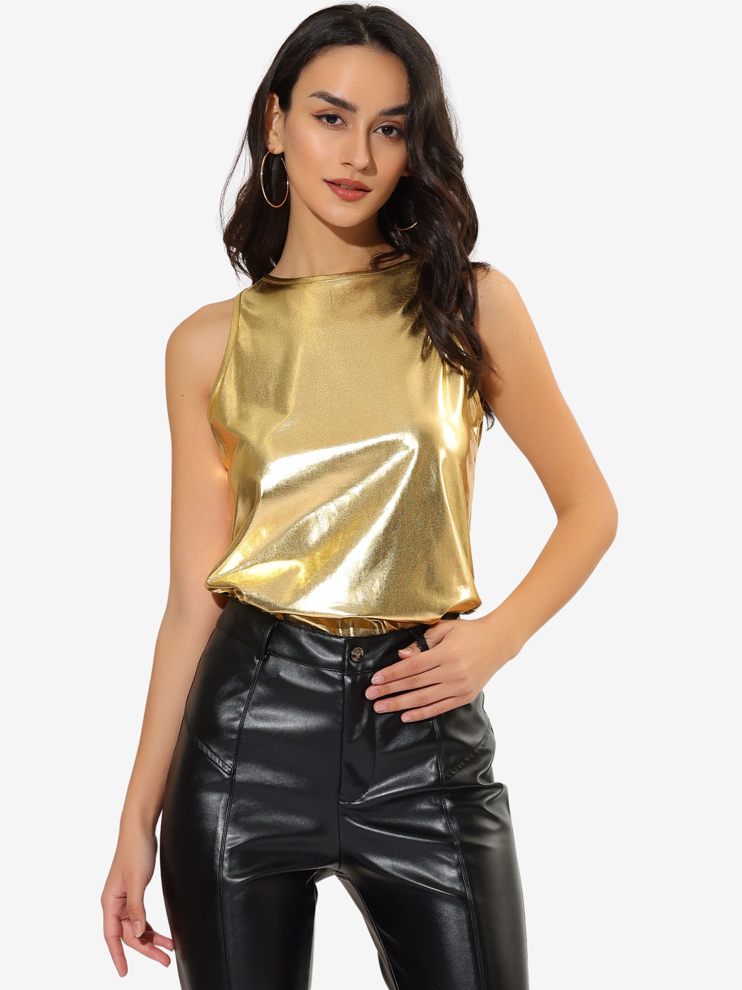 Metallic Sleeveless Shiny Shimmer Party Club Tank Top Shiny Gold/M