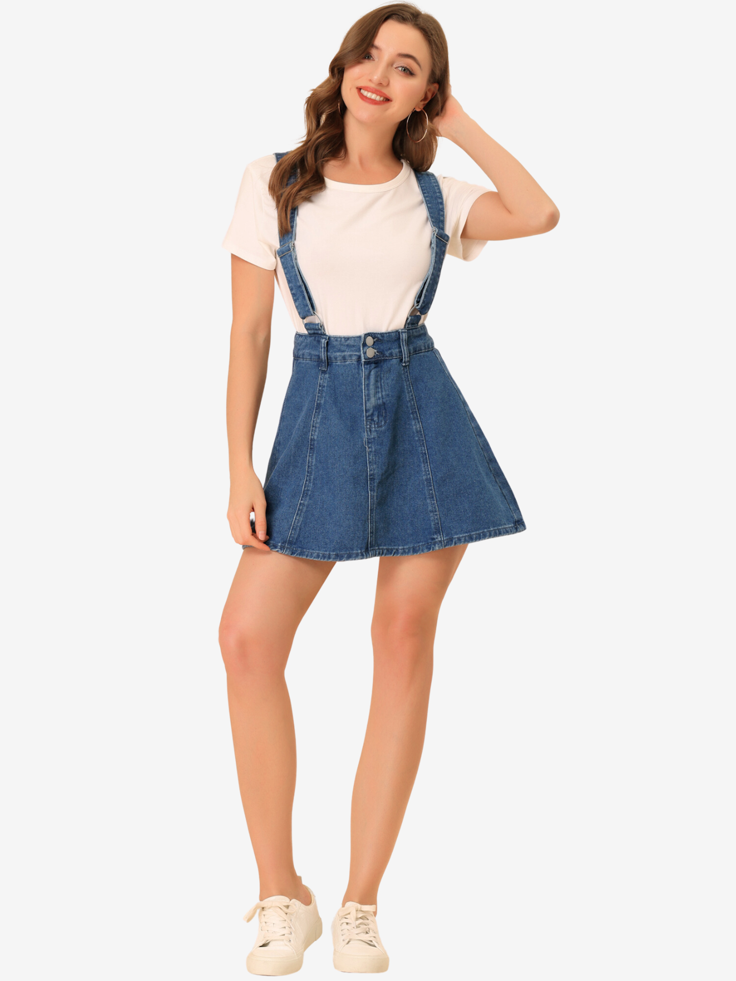 Adjustable Strap Braces Mini Suspender Washed Overall Denim Skirt M Blue/L