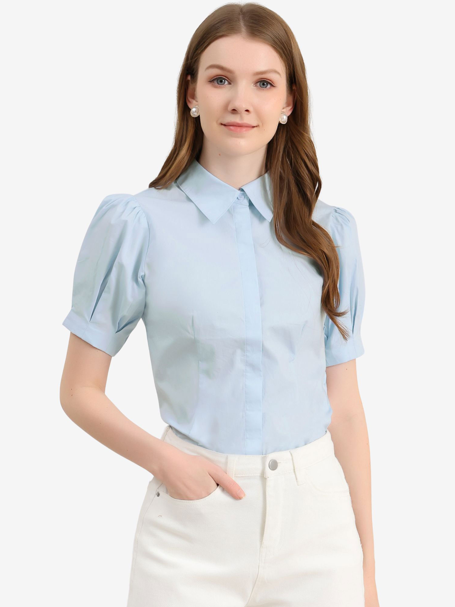 Puff Sleeve Collared Cotton Work Office Button Down Shirt Blue/XS