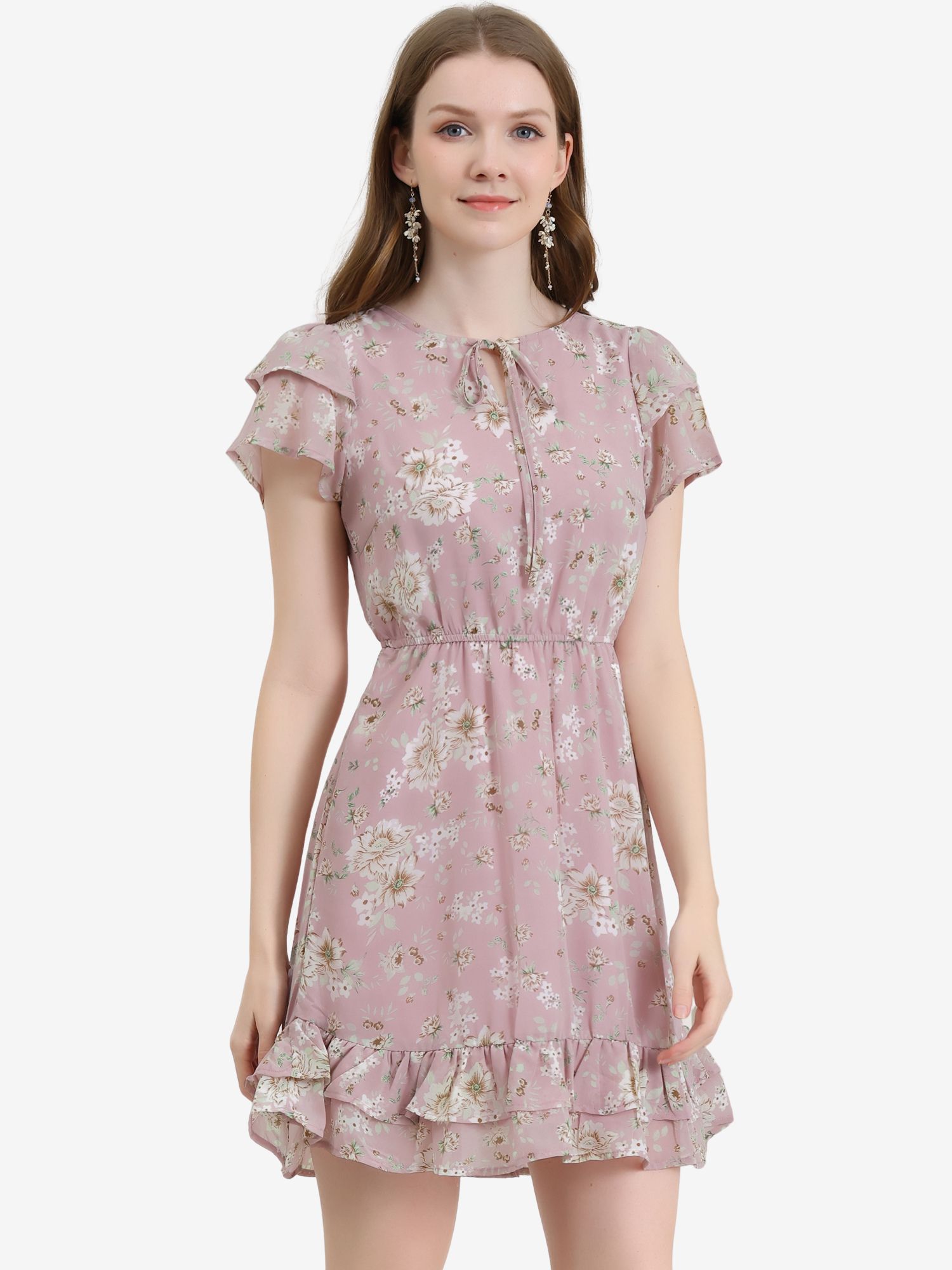 Ruffle Sleeve V Neck Above Knee A-Line Floral Chiffon Dress Pink/XL