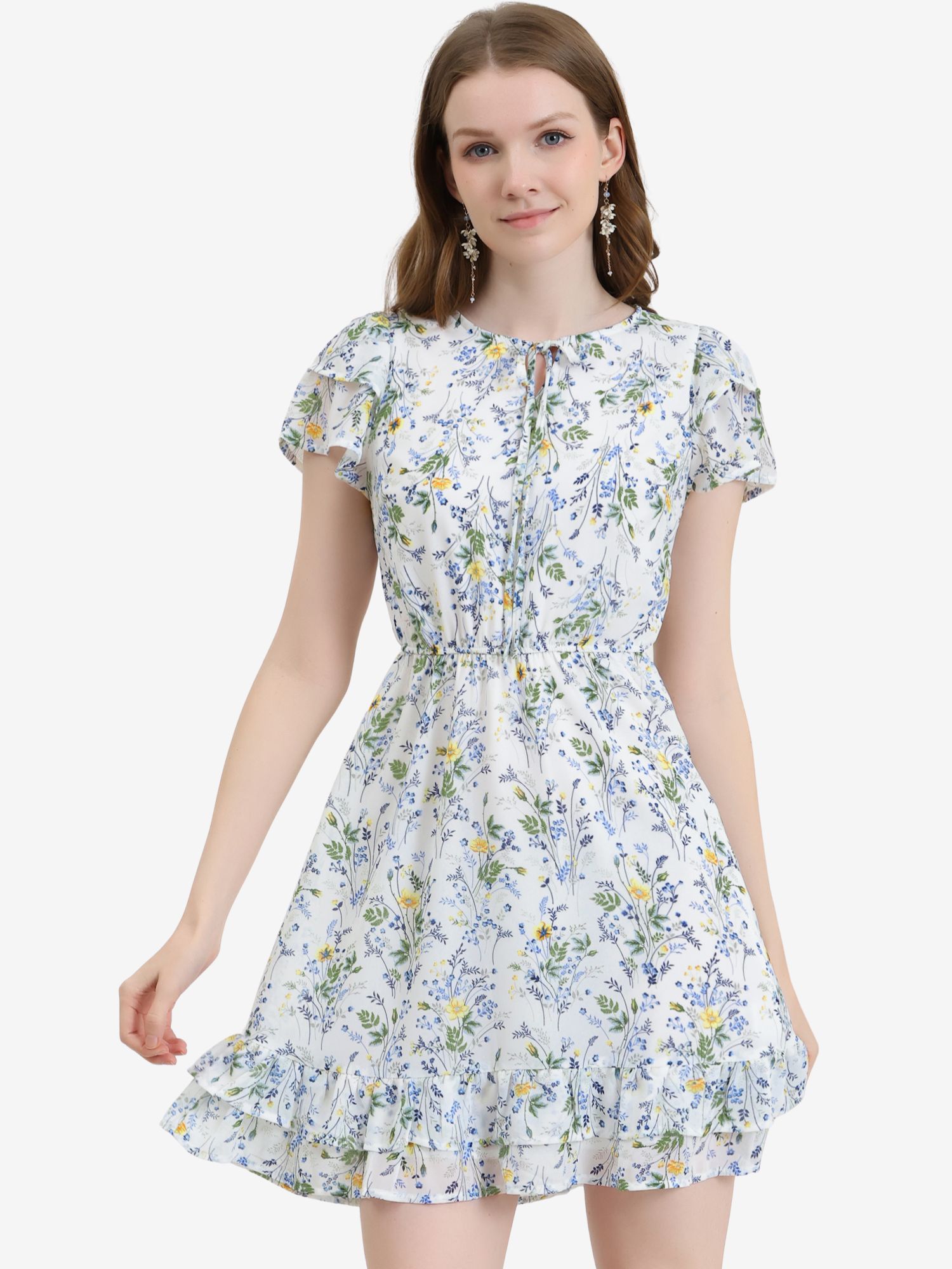 Ruffle Sleeve V Neck Above Knee A-Line Floral Chiffon Dress White/XS