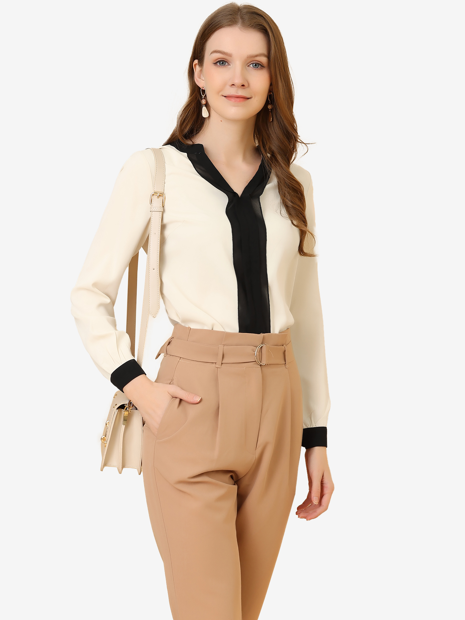Split Neck Pleated Front Office Work Contrast Color Blouse Tops Beige/XS