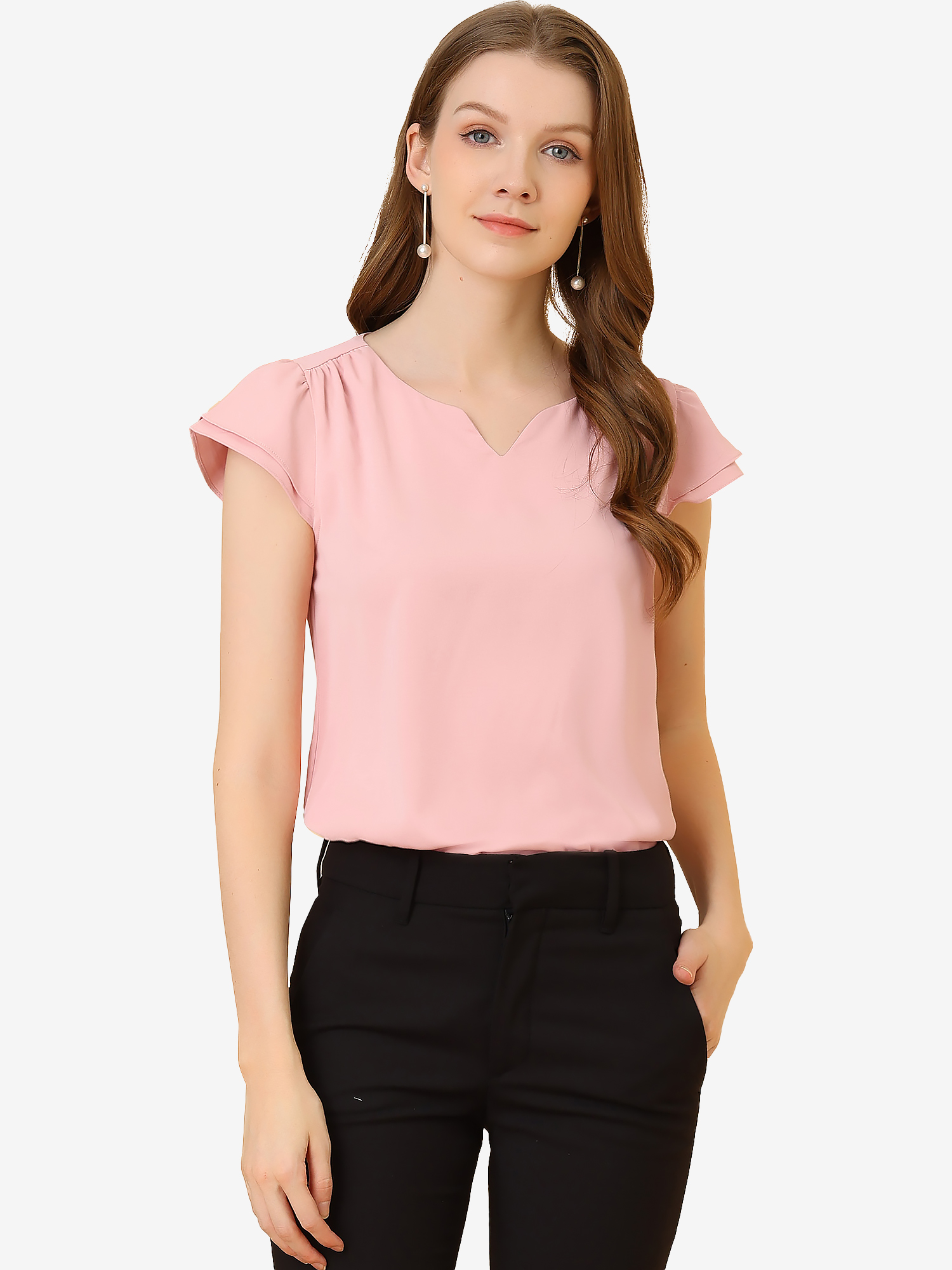 Solid Casual Plain Cap Sleeve Blouse Top Light Pink/XL