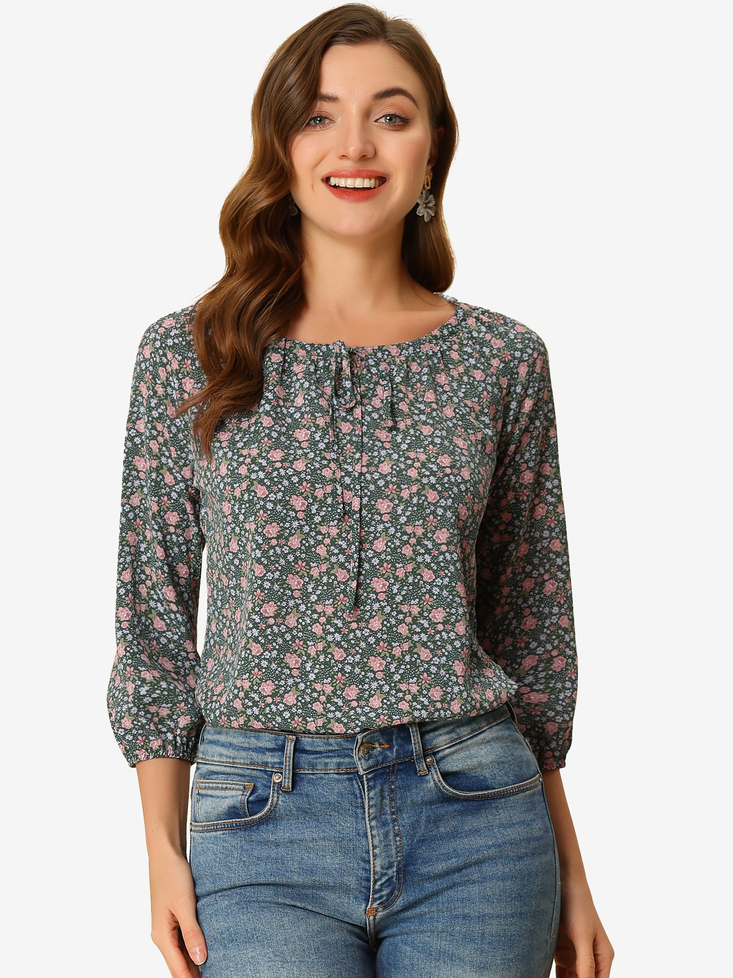 Bow Tie Neck 3/4 Raglan Sleeve Floral Blouse Tops Dark Green/XL