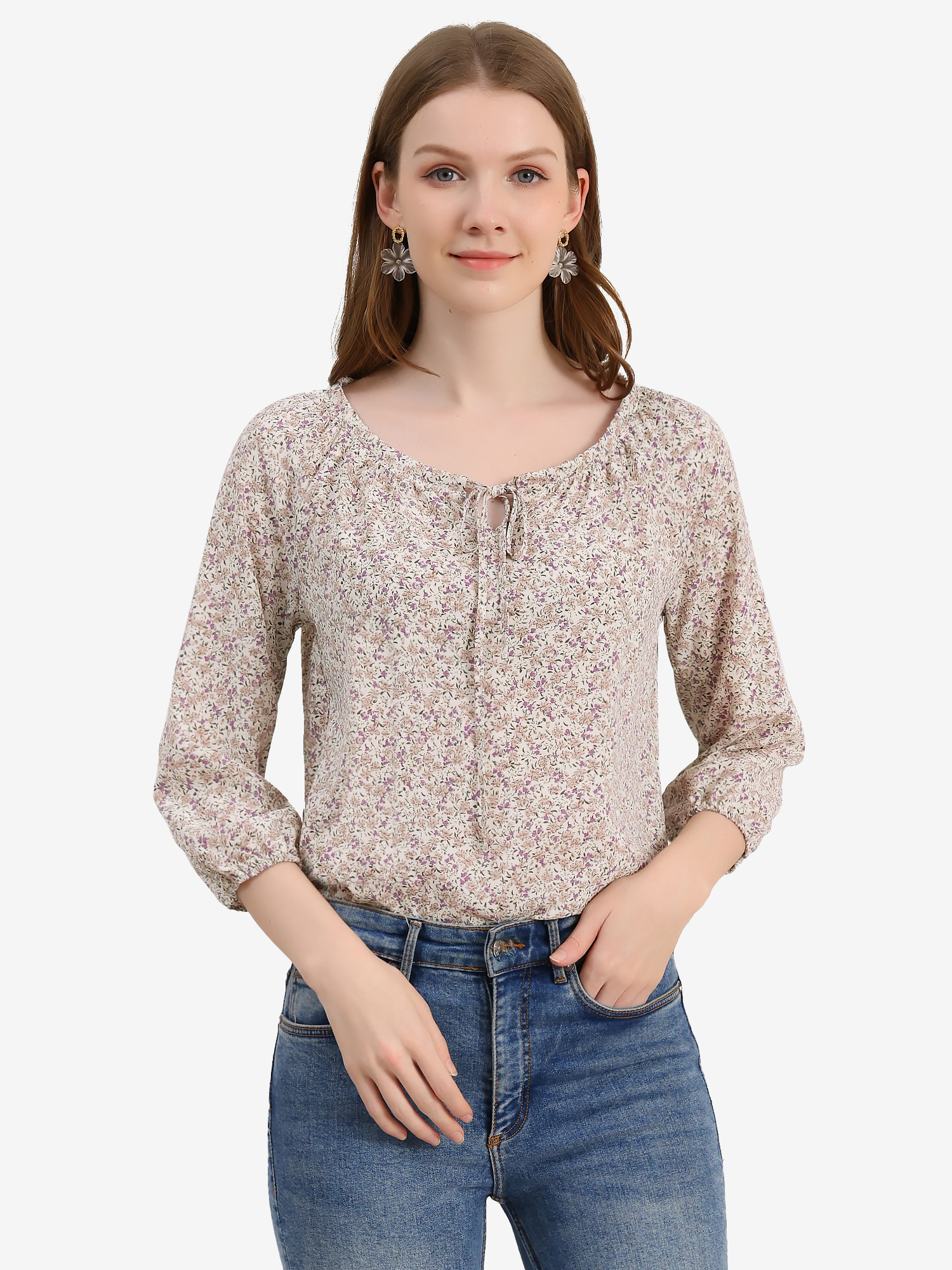Bow Tie Neck 3/4 Raglan Sleeve Floral Blouse Tops Beige/XL