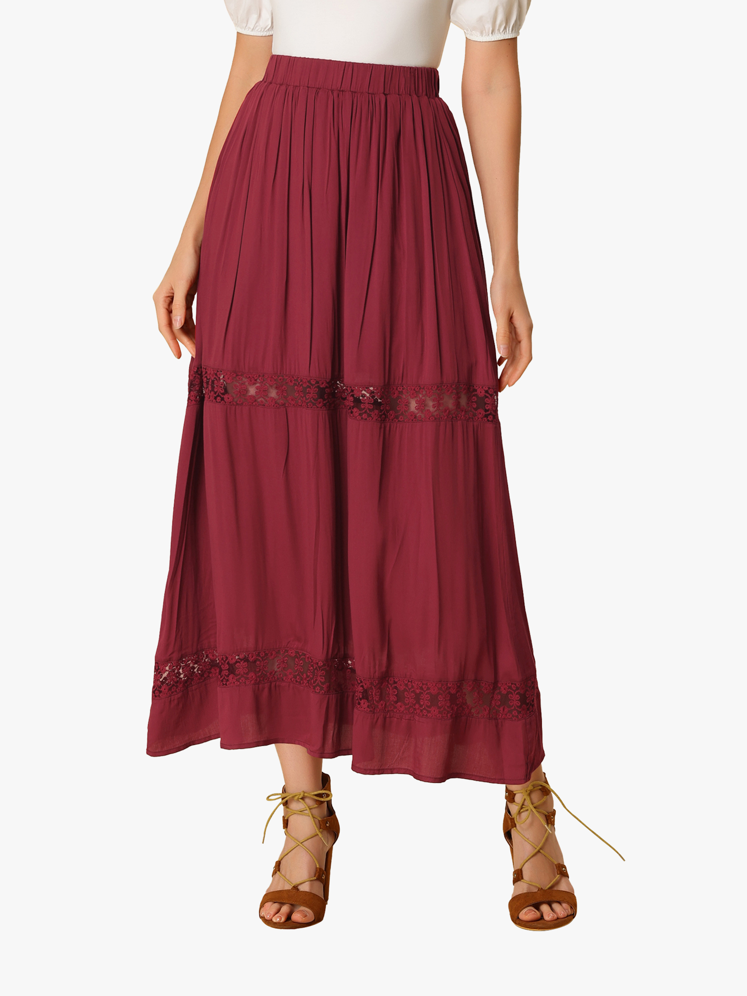 Long Elastic Waist Swing A-Line Lace Insert Maxi Skirt Wine Red/M