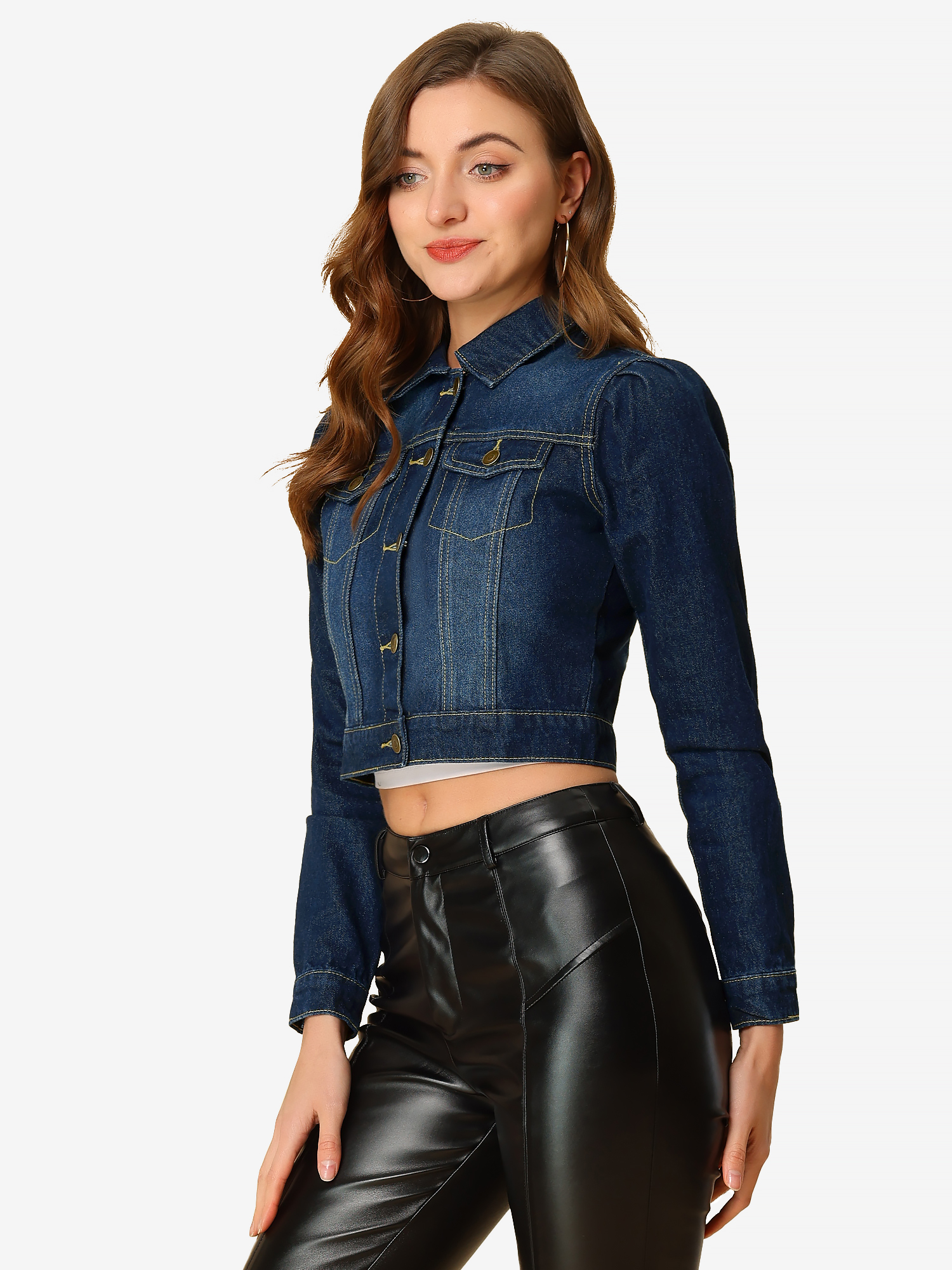 Lightweight Button Down Puff Sleeve Cropped Denim Jacket Blue Black/M