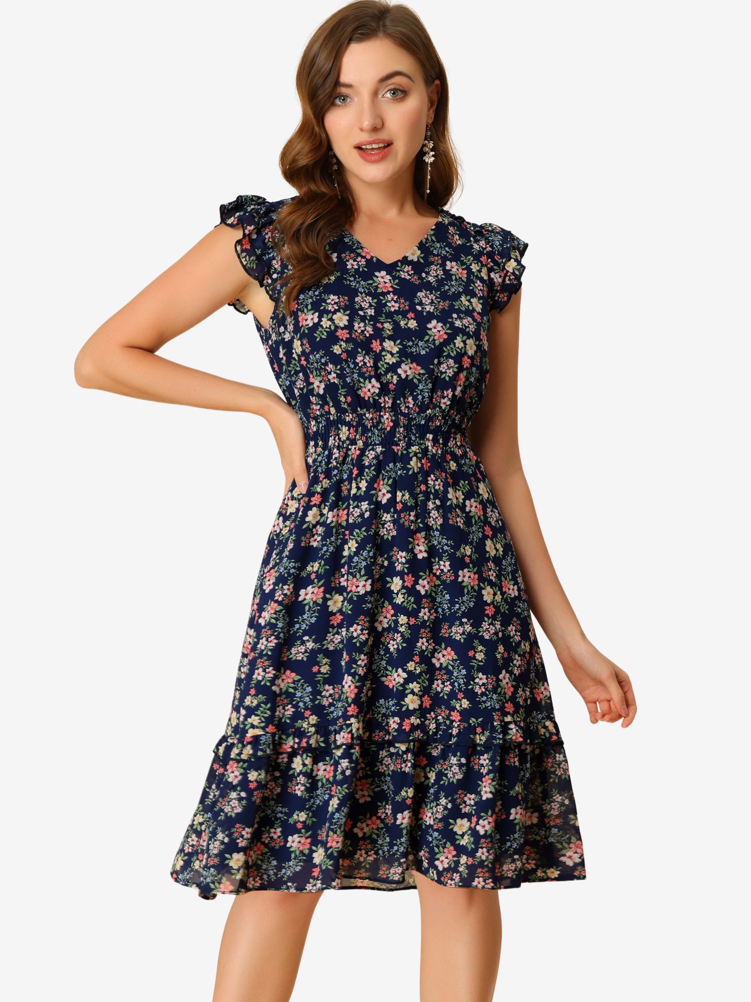 Floral Flutter Sleeve V Neck Smocked Ruffle Dress Navy/S