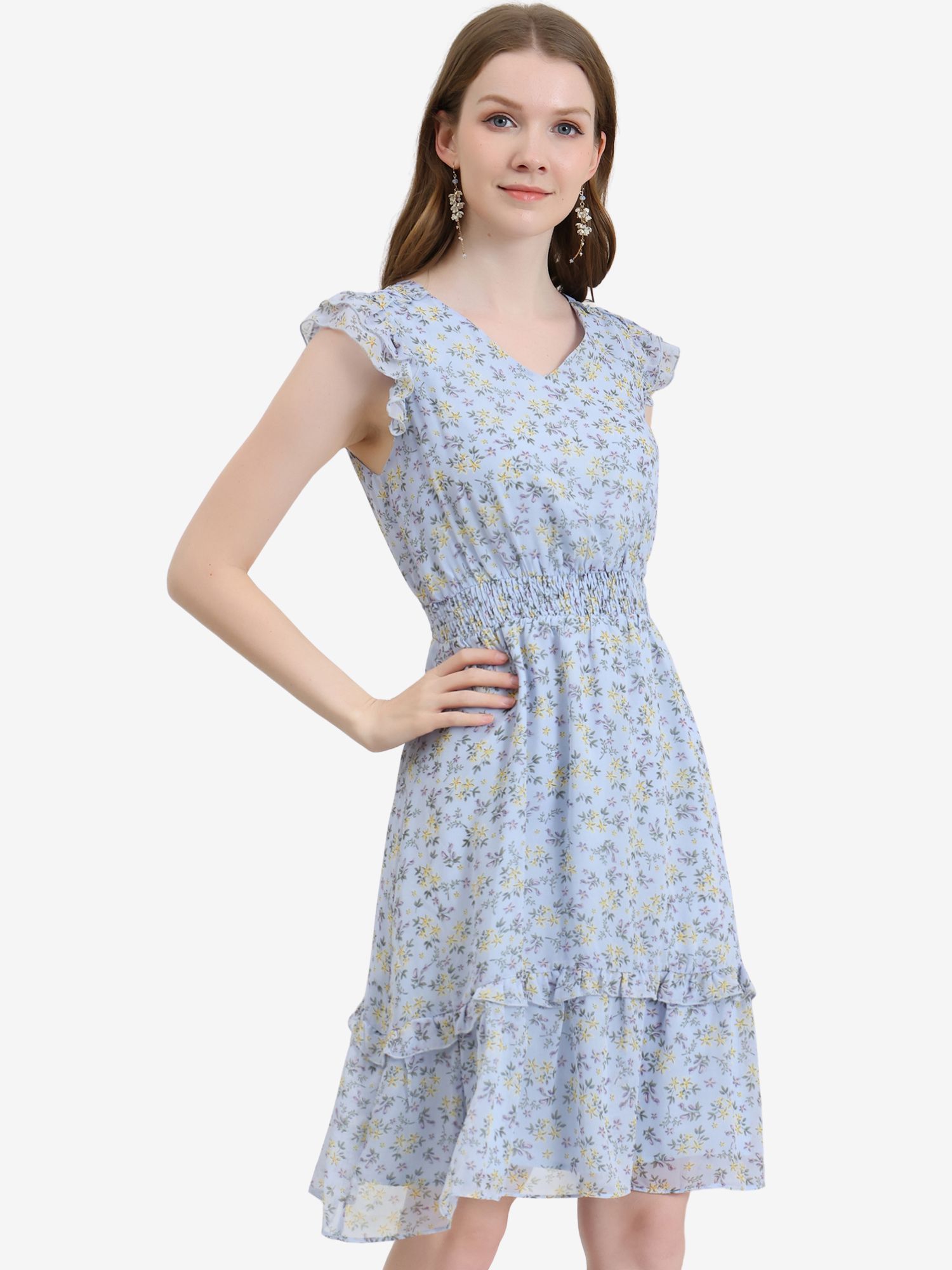 Floral Flutter Sleeve V Neck Smocked Ruffle Dress Light Blue/XL