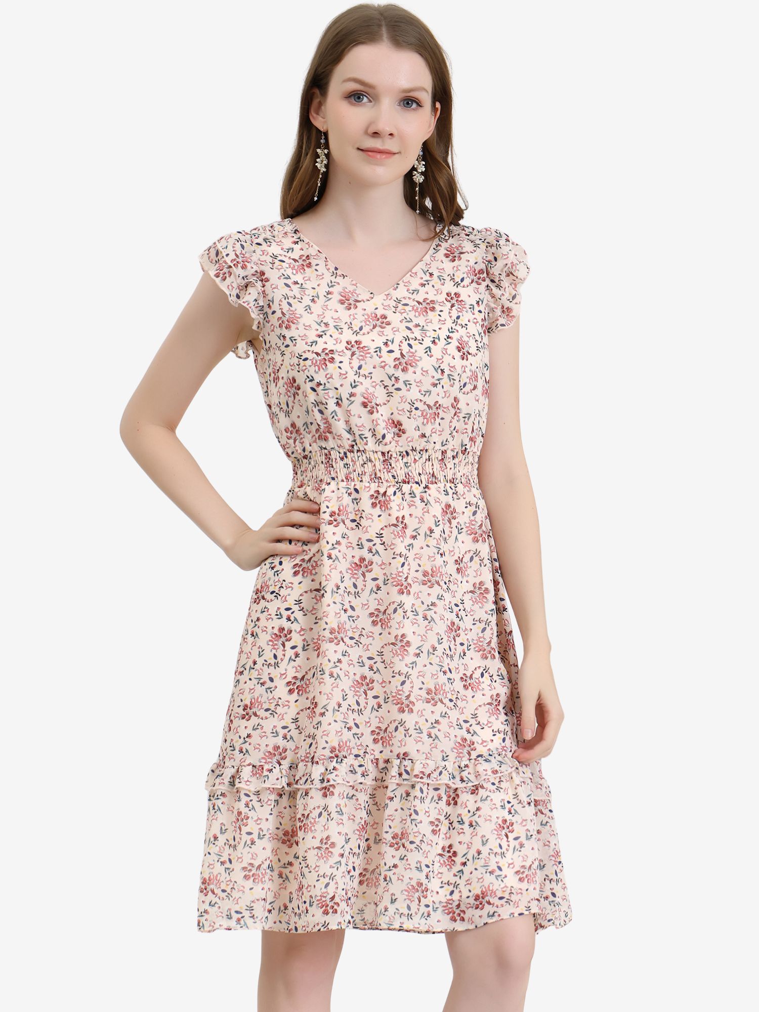 Floral Flutter Sleeve V Neck Smocked Ruffle Dress Light Pink/XL