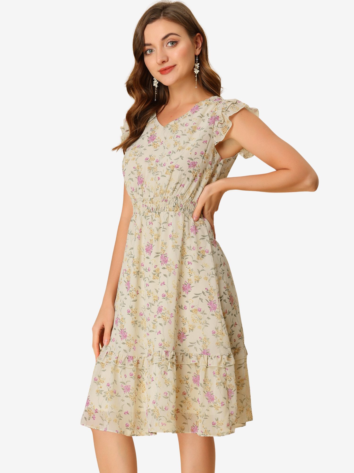 Floral Flutter Sleeve V Neck Smocked Ruffle Dress Dark Apricot/S