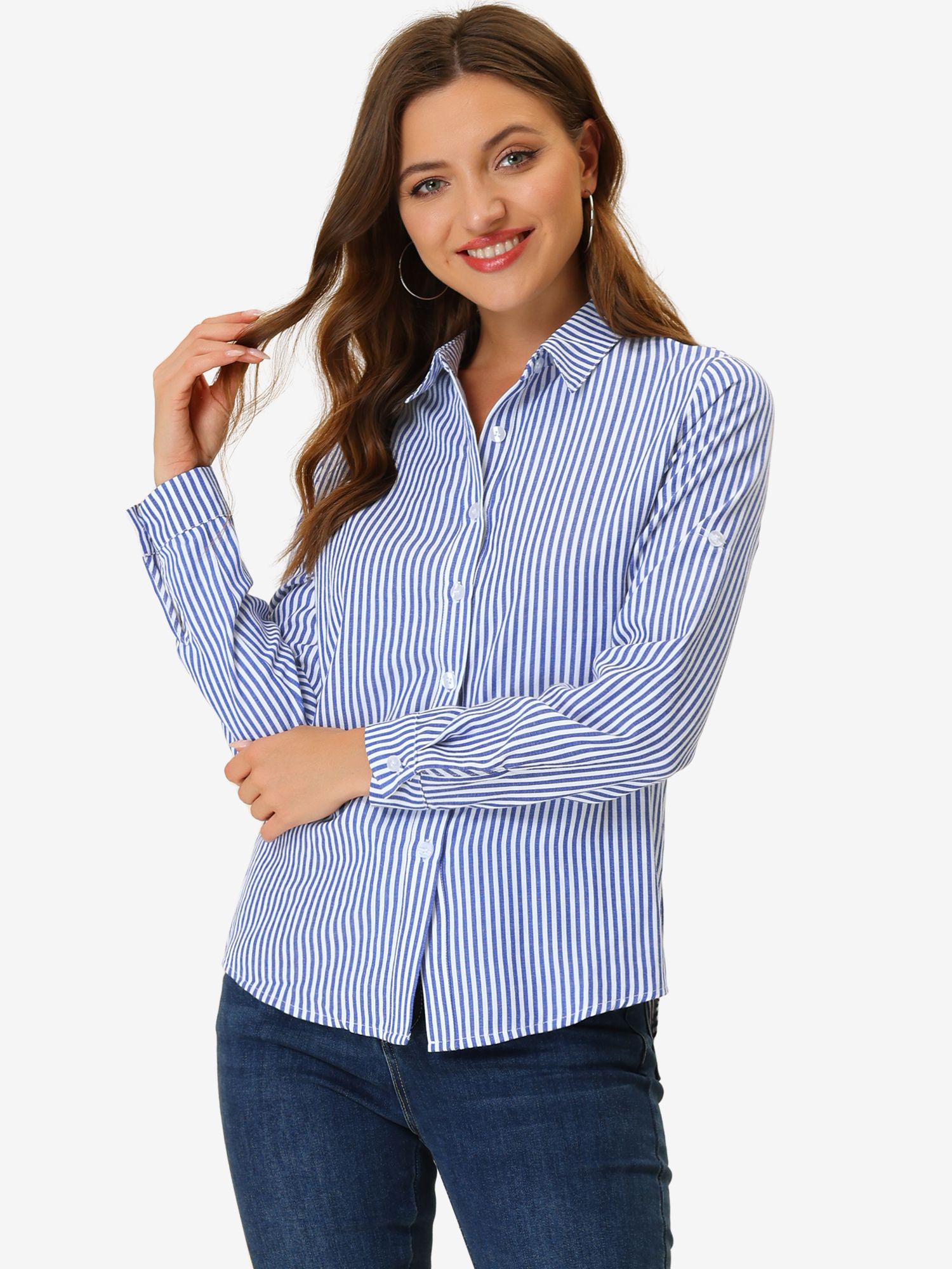 Striped Button Down Roll-up Long Sleeve Point Collar Shirt Blue/L