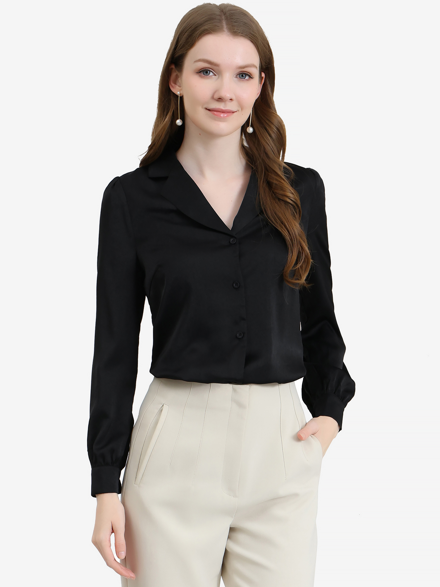 Elegant Collar Blouse Long Sleeve Work Office Satin Button Down Shirt Black/L