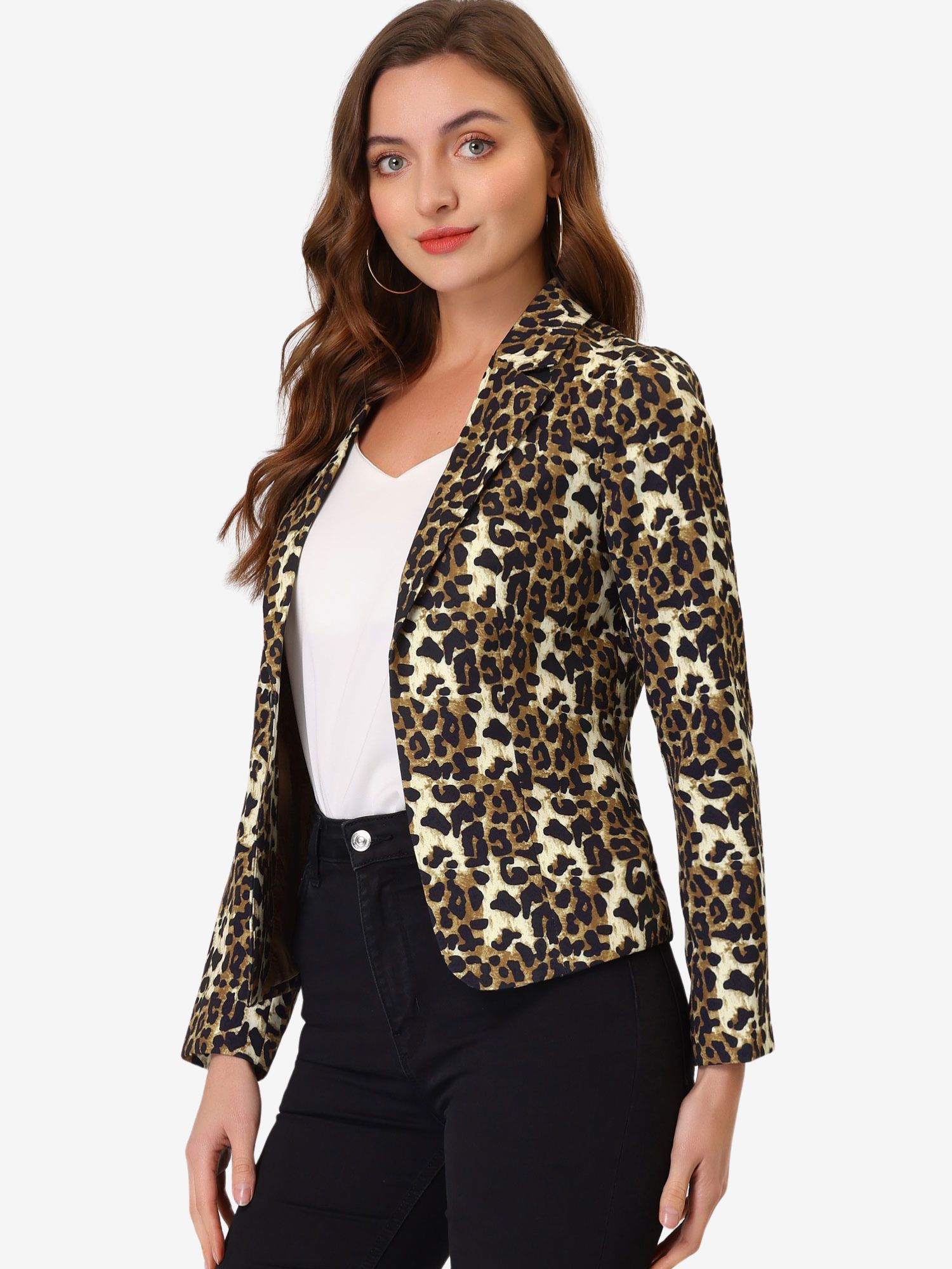 Business Casual Open Front Notch Lapel Plaid Suit Blazer Brown-Leopard/XS