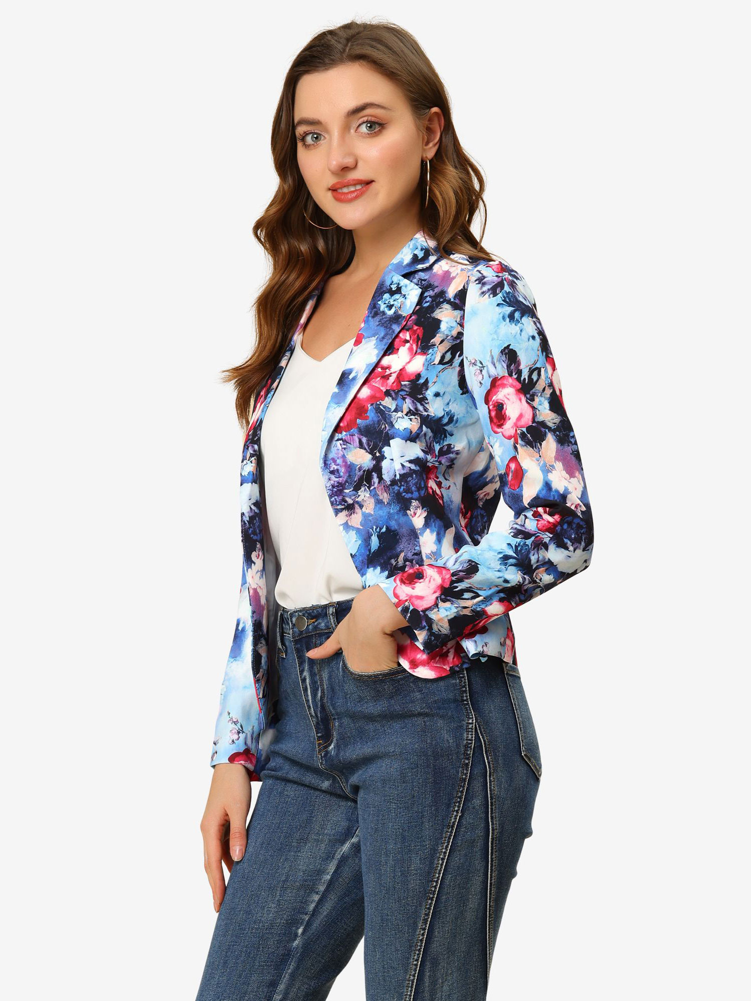 Open Front Notch Lapel Floral Business Casual Suit Blazer Blue-Flower/S