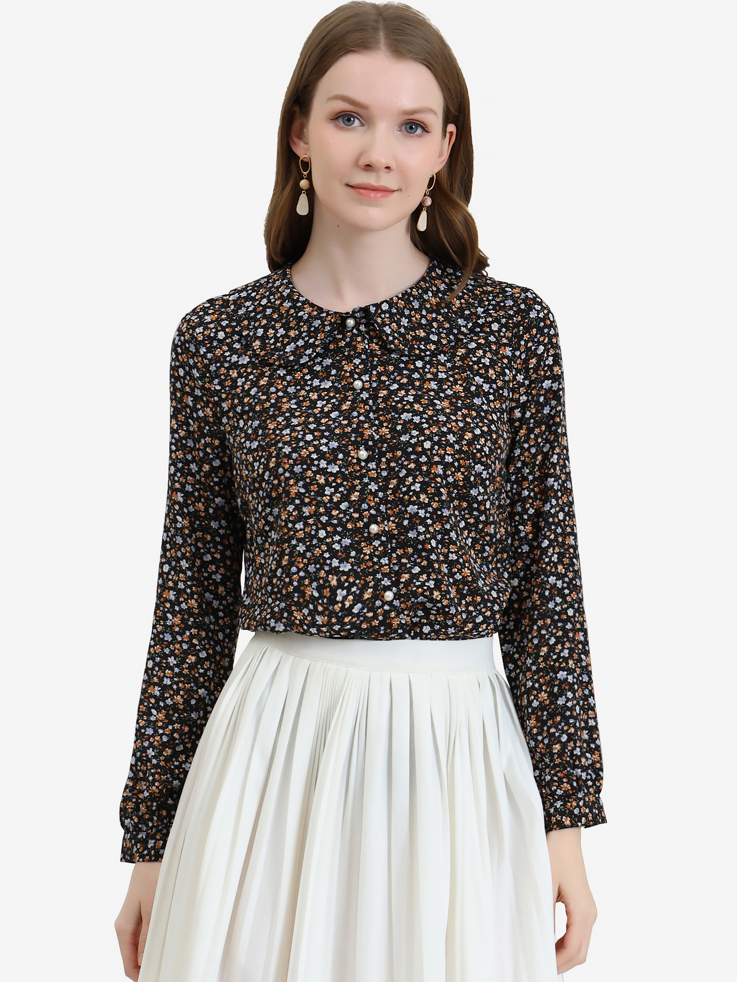 Casual Peter Pan Collar Floral Button Down Shirt Black/M