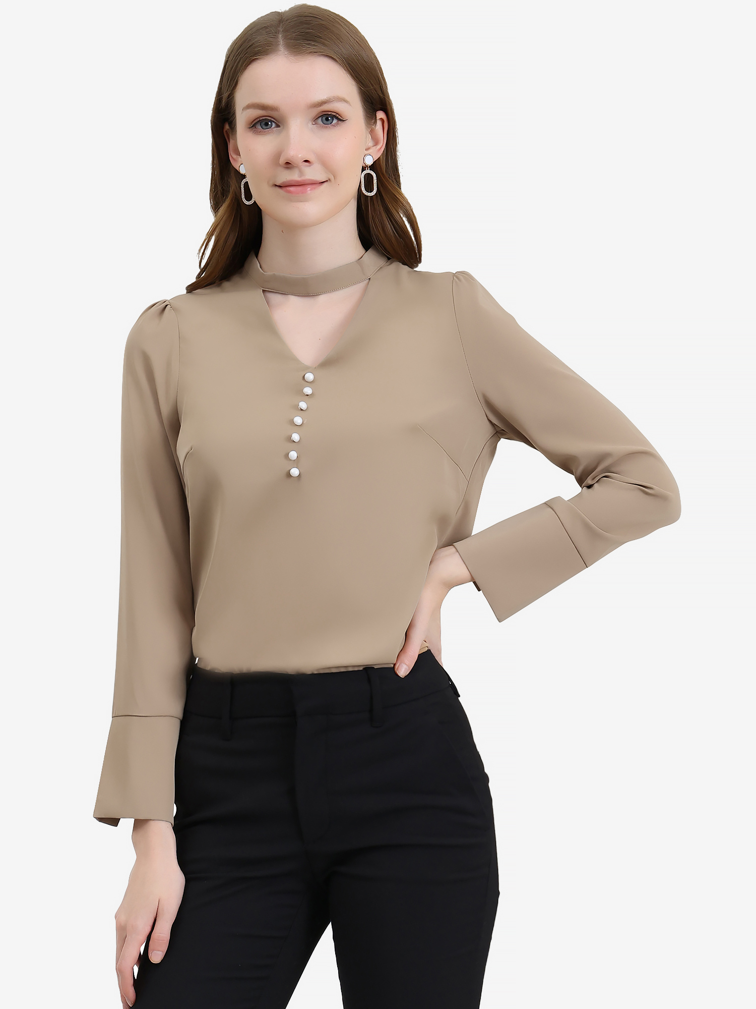 Choker Neck Cutout Button Decor Long Sleeve Chiffon Work Blouse Apricot/L