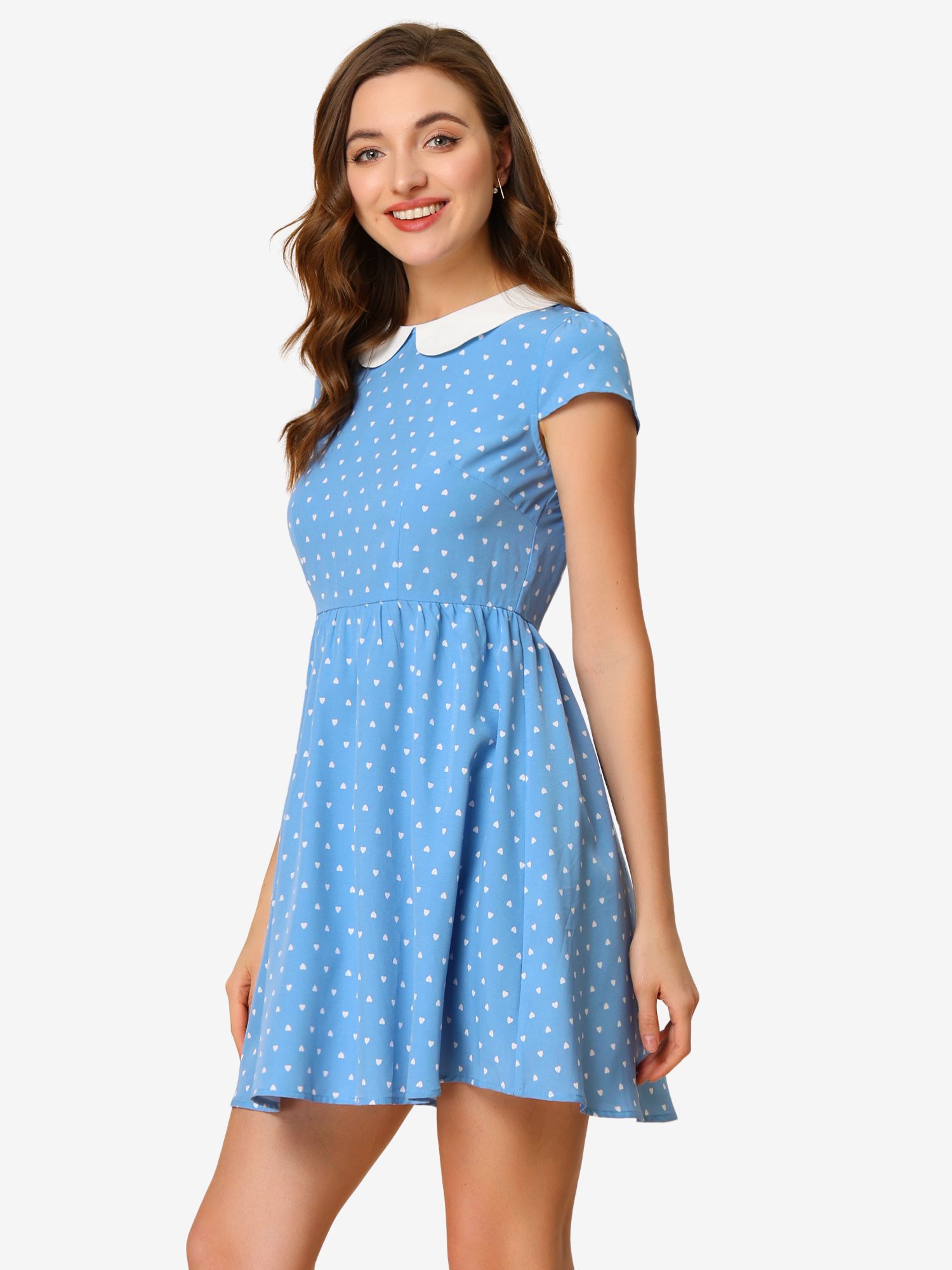 Peter Pan Collar Short Sleeve Contrast A-Line Polka Dots Dress Light Blue/XL