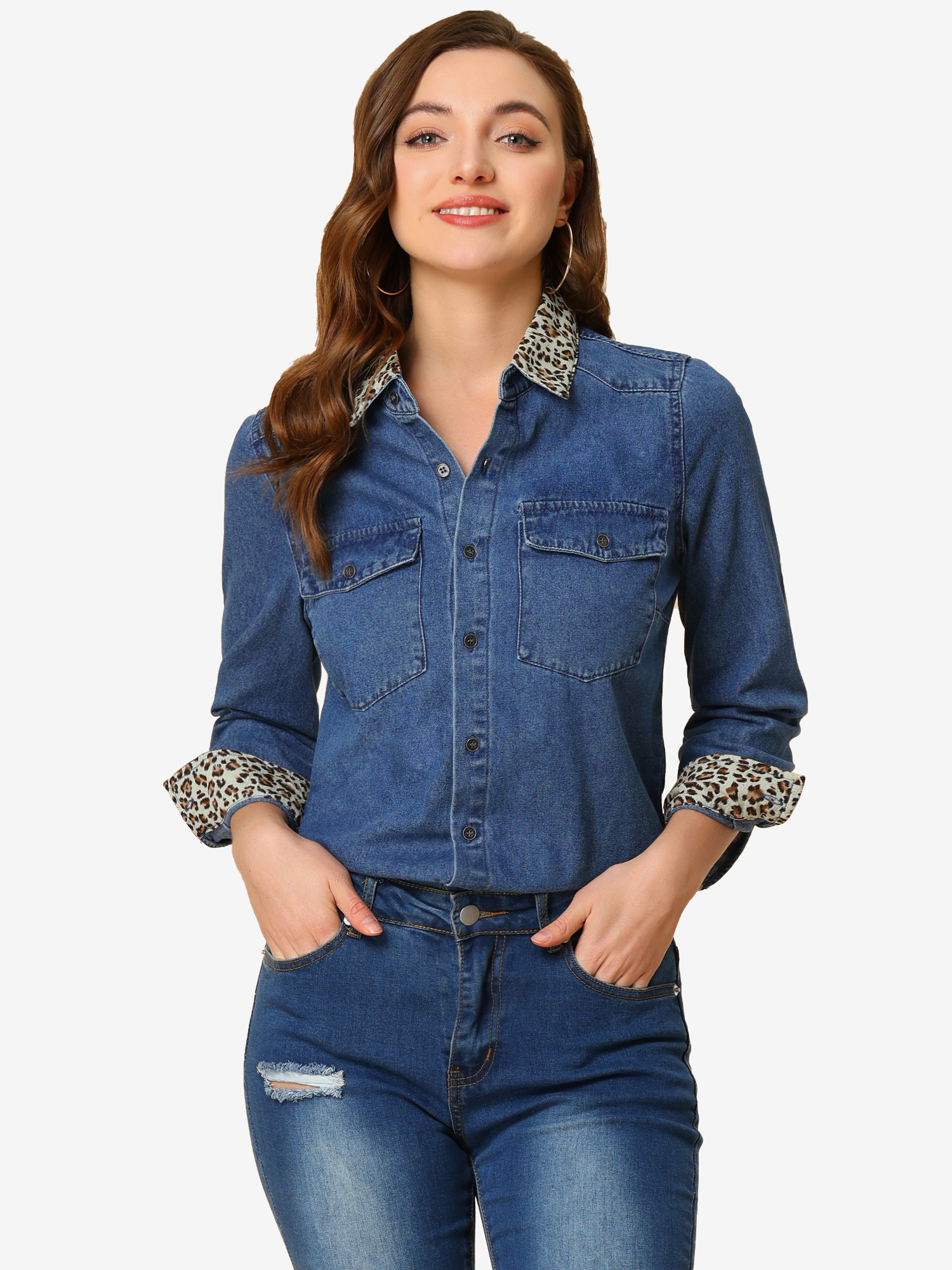 Button Up Jean Shirt Long Sleeve Leopard Denim Jacket Light Blue/L