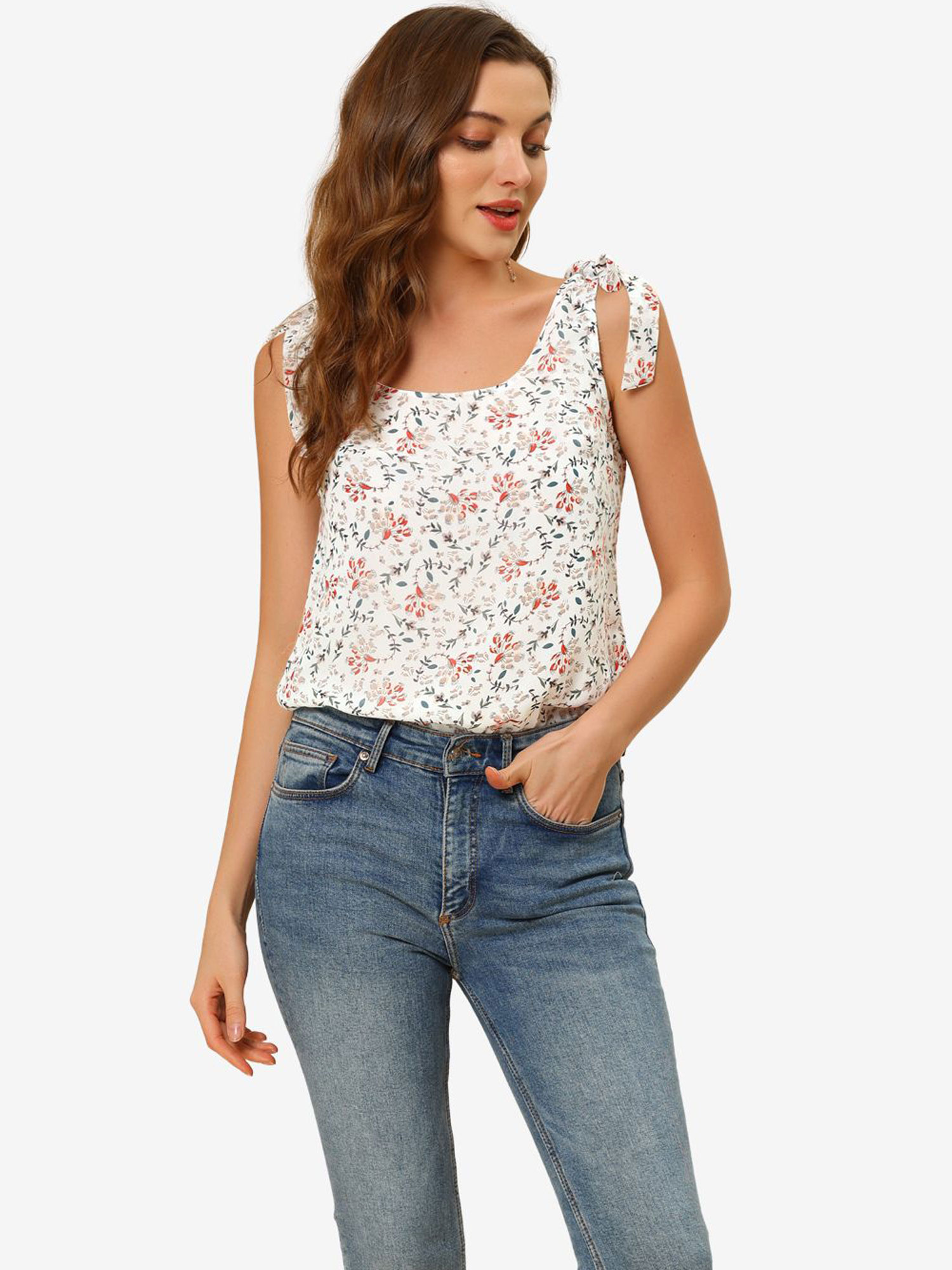 Boho Floral Print Casual Chiffon Tie Shoulders Tank Top White/L
