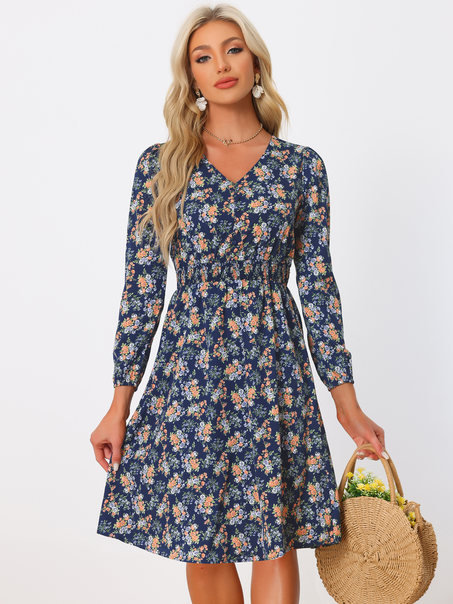 Floral Print V-Neck Long Sleeve Smocked Waist Midi Dress Black Blue/M