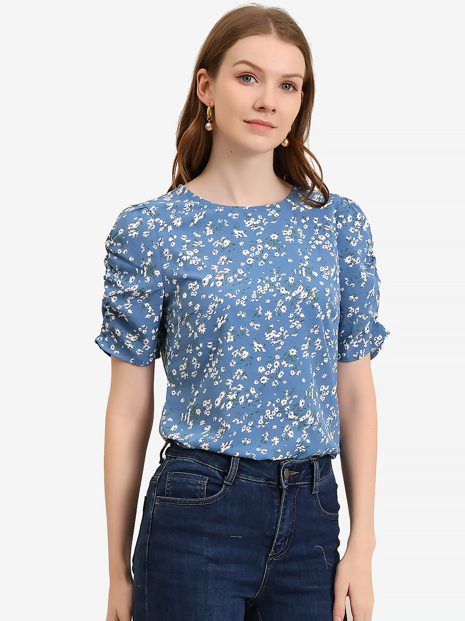 Floral Crew Neck Ruched Sleeve Casual Blouse Blue White/XL